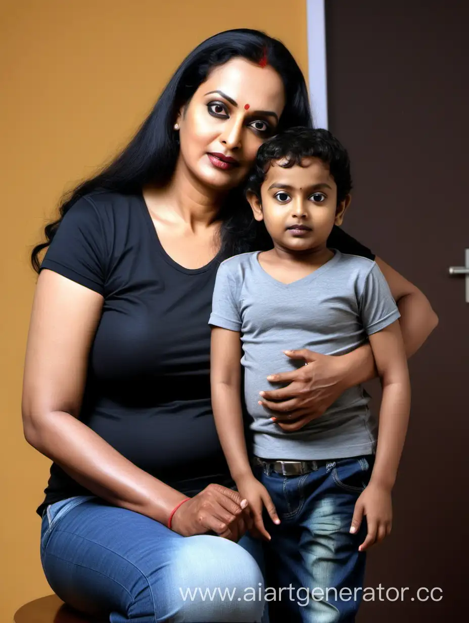 Full body image of A 50 years old kerala woman who looks like malayalam movie actress Swetha Menon. The woman is wearing a tight tshirt and jeans. The woman has very long hair. The woman is helping her son with homework 