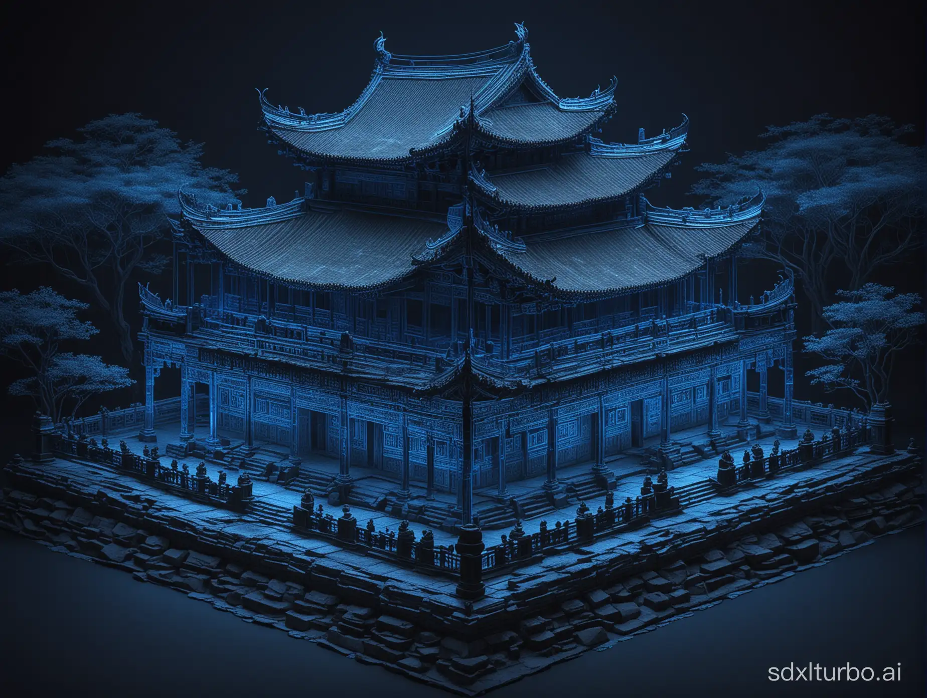 This is a wireframe hologram of the Temple of Literature, with glowing blue lines forming an intricate pattern around its iconic structure against an isolated dark background. The design showcases detailed architectural details and features, creating a visually stunning representation of traditional Chinese architecture.