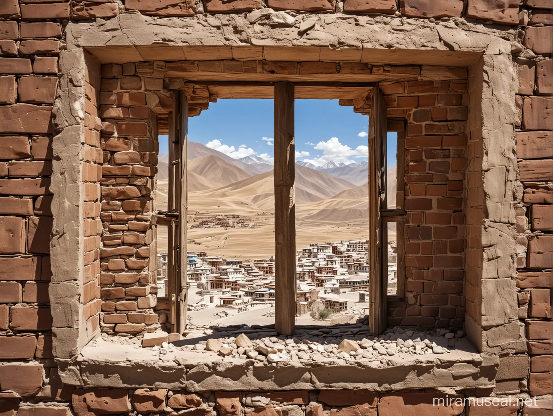 looking out through a Tibetan monastery window lots of detail distressed masonry crumbling very dusty