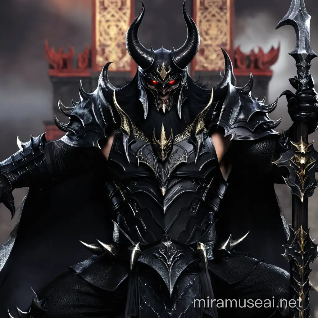 A terrifying and feared demonic leader in black armor and a large black horned helmet.  It makes him look like a terrible demon.