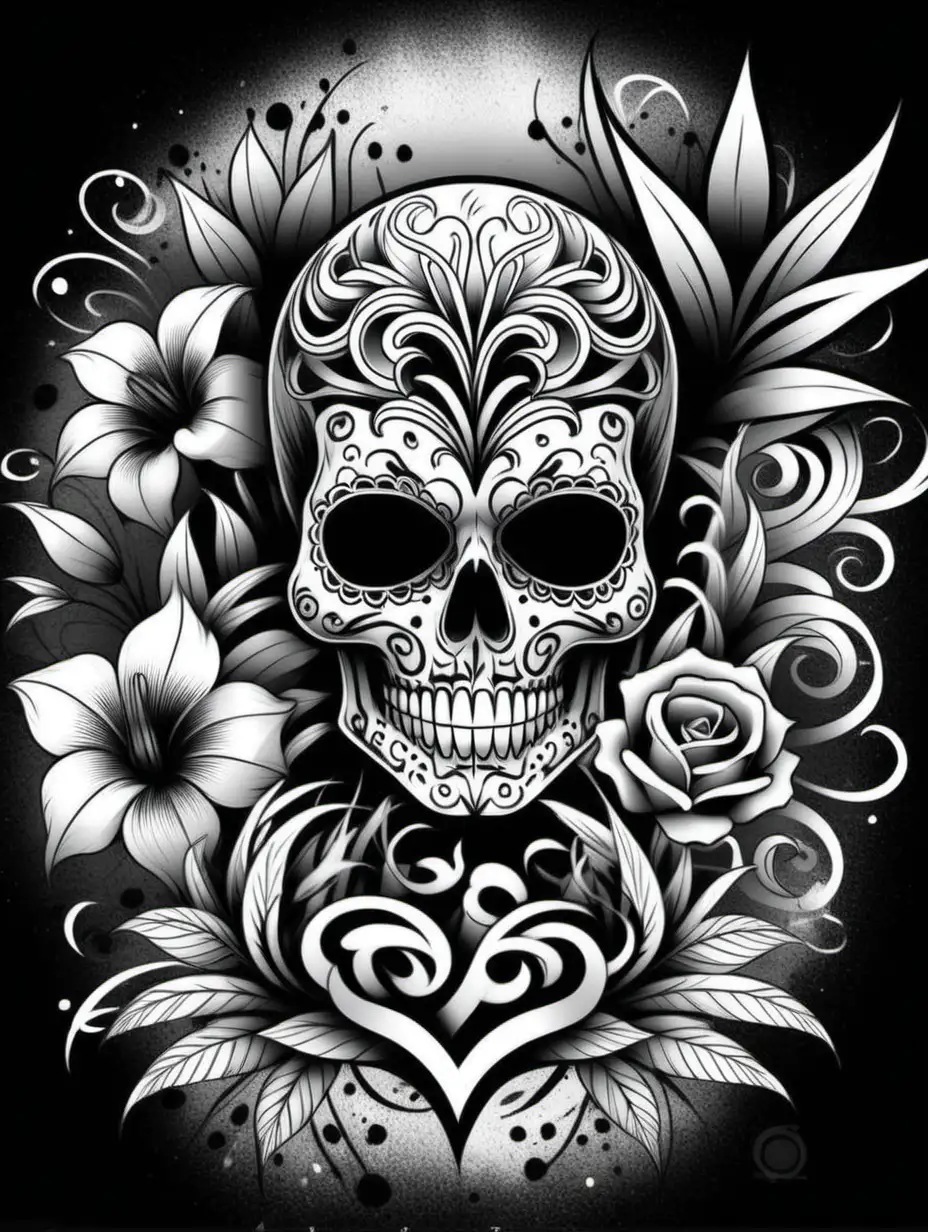 Monochrome Graffiti Floral Doodle with Skull Mask