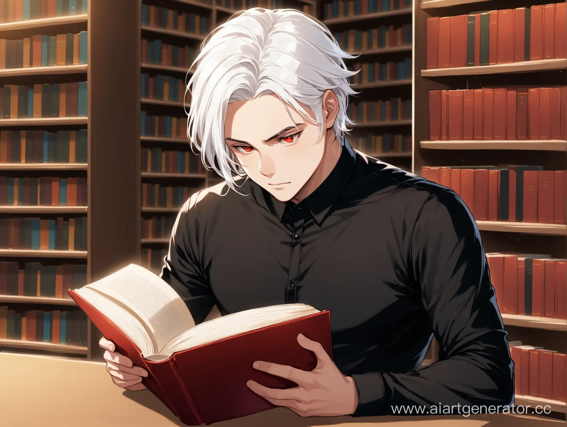 Mysterious-Man-with-White-Hair-Reading-in-Dark-Library