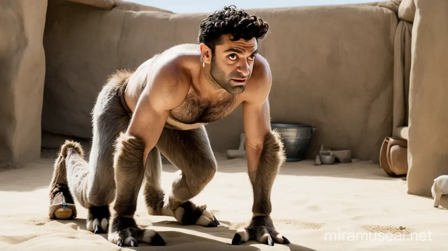 Oscar Issac on all fours transforming into a donkey. He has donkey ears. He has donkey legs. He has donkey hooves. He has a donkey tail. He has a complete donkey body. And he's braying like a donkey. But his head is human.