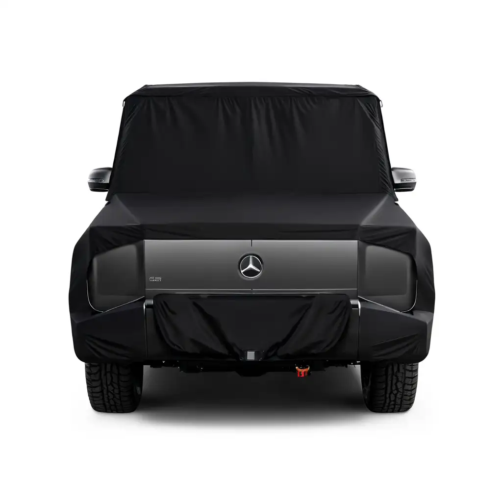 The Mercedes Benz G is covered with a black cover, which has a nice texture and a positive view