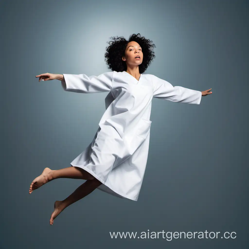 Biracial-Woman-in-Ethereal-Flight-Wearing-White-Patient-Gown