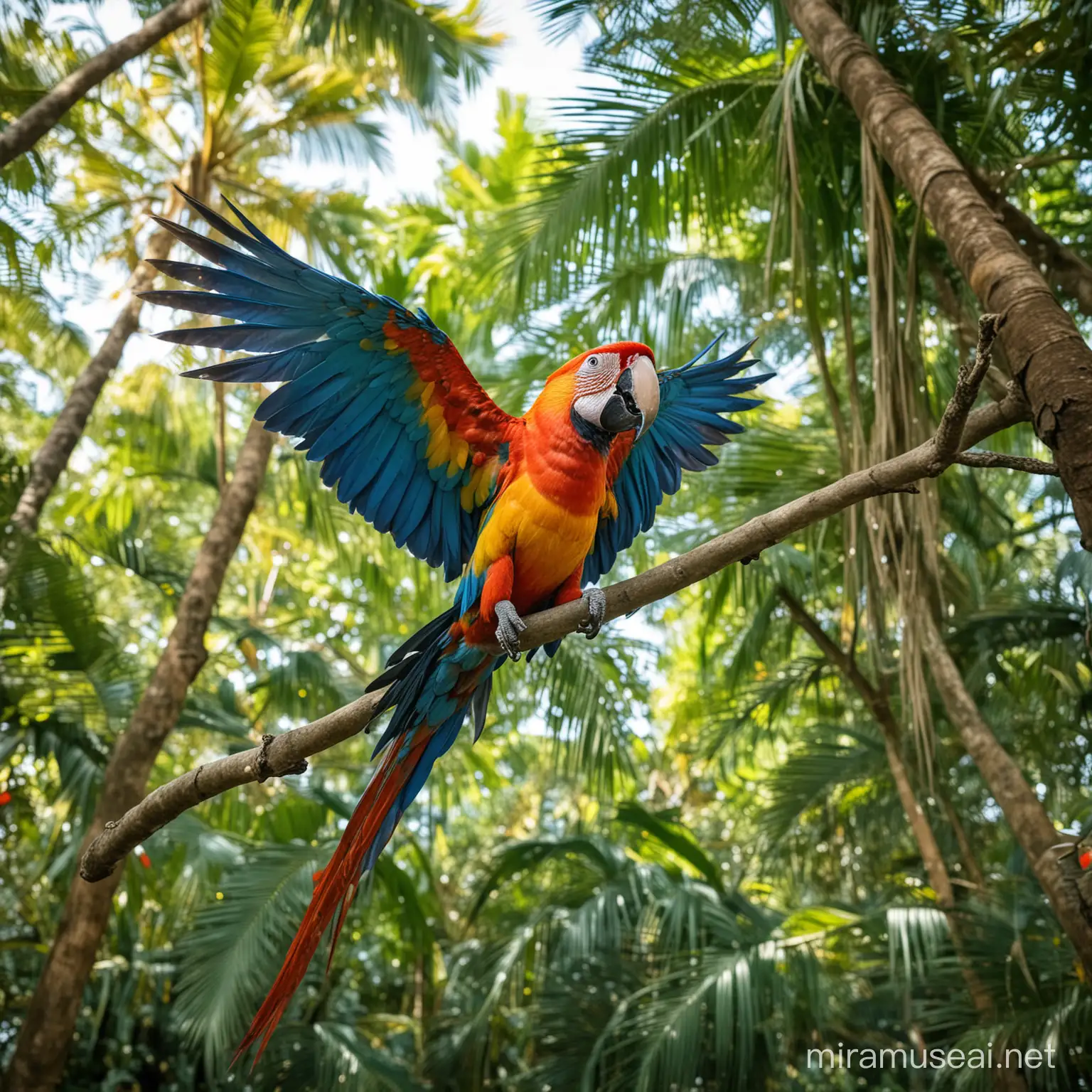 Vibrant Macaw Bird Soaring Against Lush Jungle Canopy