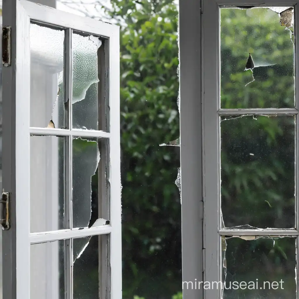 Abandoned Building with Broken Window in Gray Frame