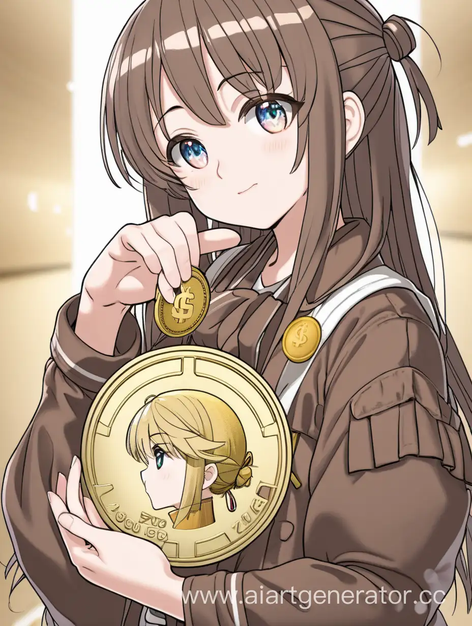 Anime girl holding a big coin. And the big coin is resting on her shoulder