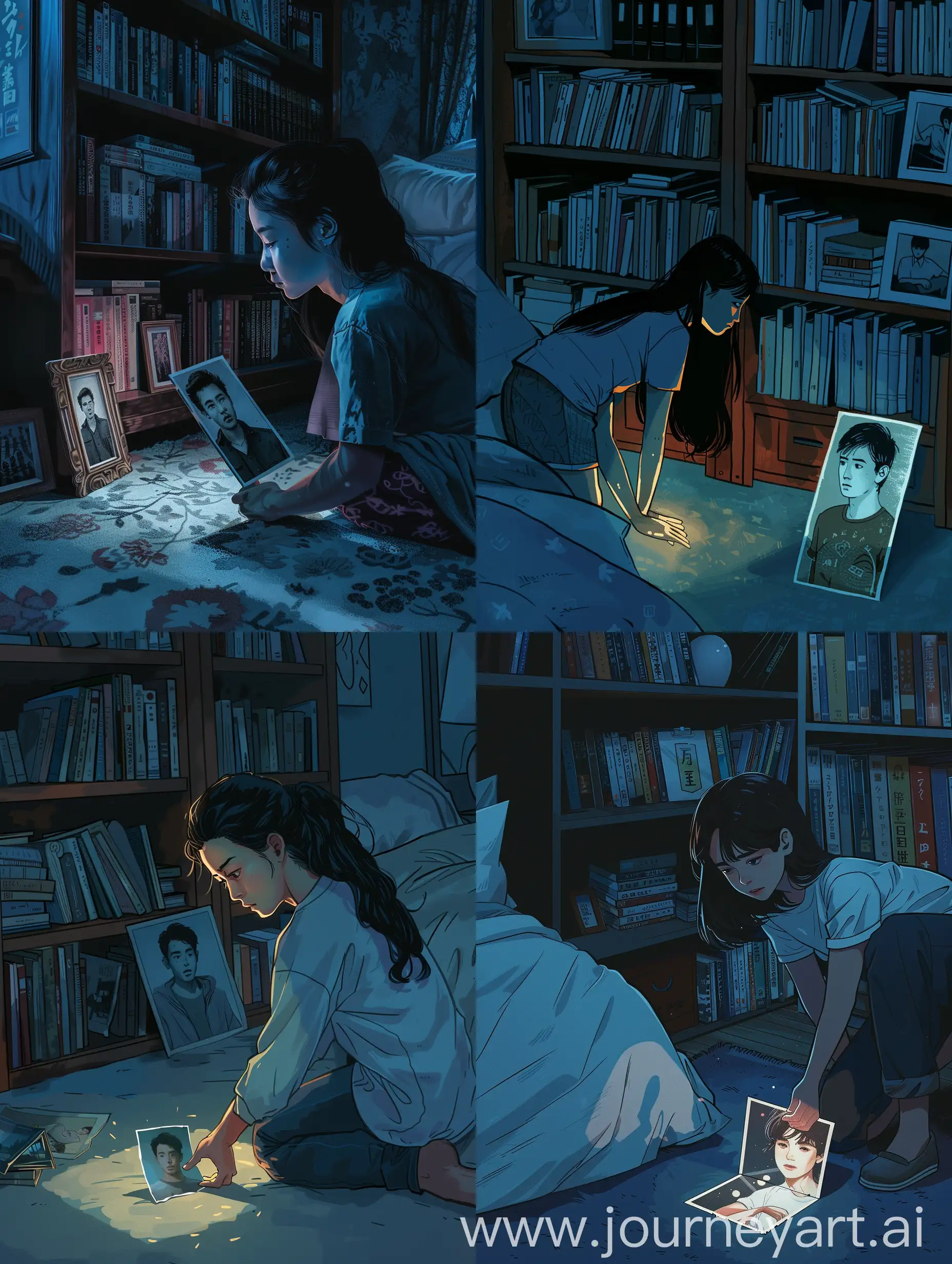 夜晚，卧室地上的半张照片，亚洲面孔的少女从书架旁捡起只有一半的照片，照片的画面是有一位少年