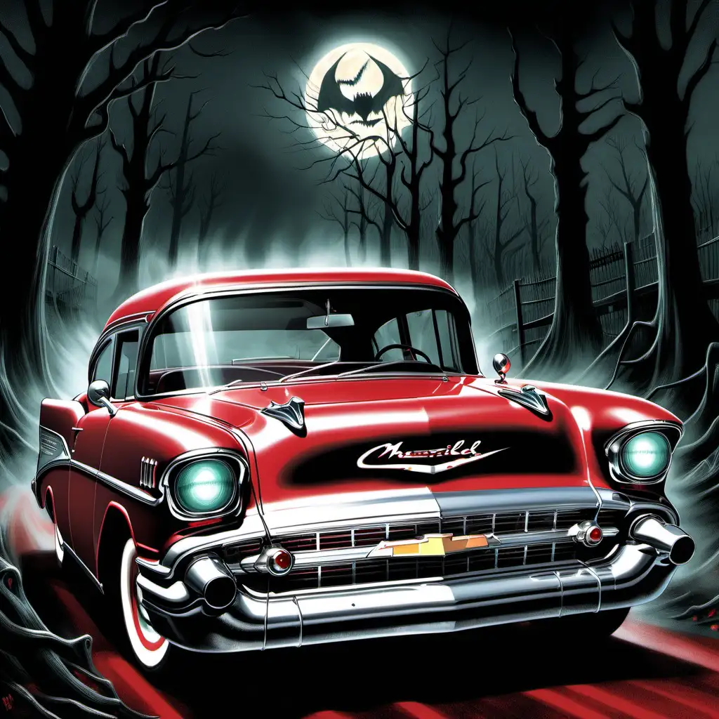  realm of the sinister with this captivating illustration featuring a 1957 Chevrolet, inspired by the malevolent essence of Stephen King's "Christine." The vintage car, bathed in an ominous red hue, stands as a spectral figure from a bygone era.

The car's sleek chrome details catch the moonlight, casting an eerie glow that highlights every ominous curve. The headlights pierce the darkness, revealing a sinister visage as the '57 Chevy seems to possess a malevolent energy. The shadows play across its body, creating an unsettling dance between light and darkness.

The illustration captures the essence of the car's haunted history, with a sense of foreboding emanating from its every feature. The red paint, once vibrant, now tells a tale of a tumultuous past, adding an element of macabre beauty to the vintage vehicle.

As viewers gaze upon this sinister 1957 Chevrolet, they are transported into a world where the line between the mechanical and the supernatural blurs. The illustration invites contemplation of the mysteries hidden within the haunted vehicle, sparking the imagination with visions of a cursed classic that refuses to be forgotten. with mag wheels







