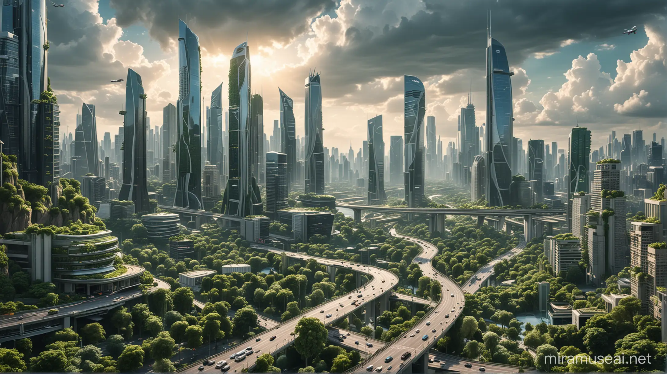 Foto realistis,gambar ini menampilkan kota medern di masa depan dengan gedung menjulang tinggi pencakar langit yang di tumbuhi popohan dan dedahunan hijau serta menampilkan kota yang berumur jutaan taun,serta transportasi dan jalan terbang,jalan modern,yang menampilkan estatik