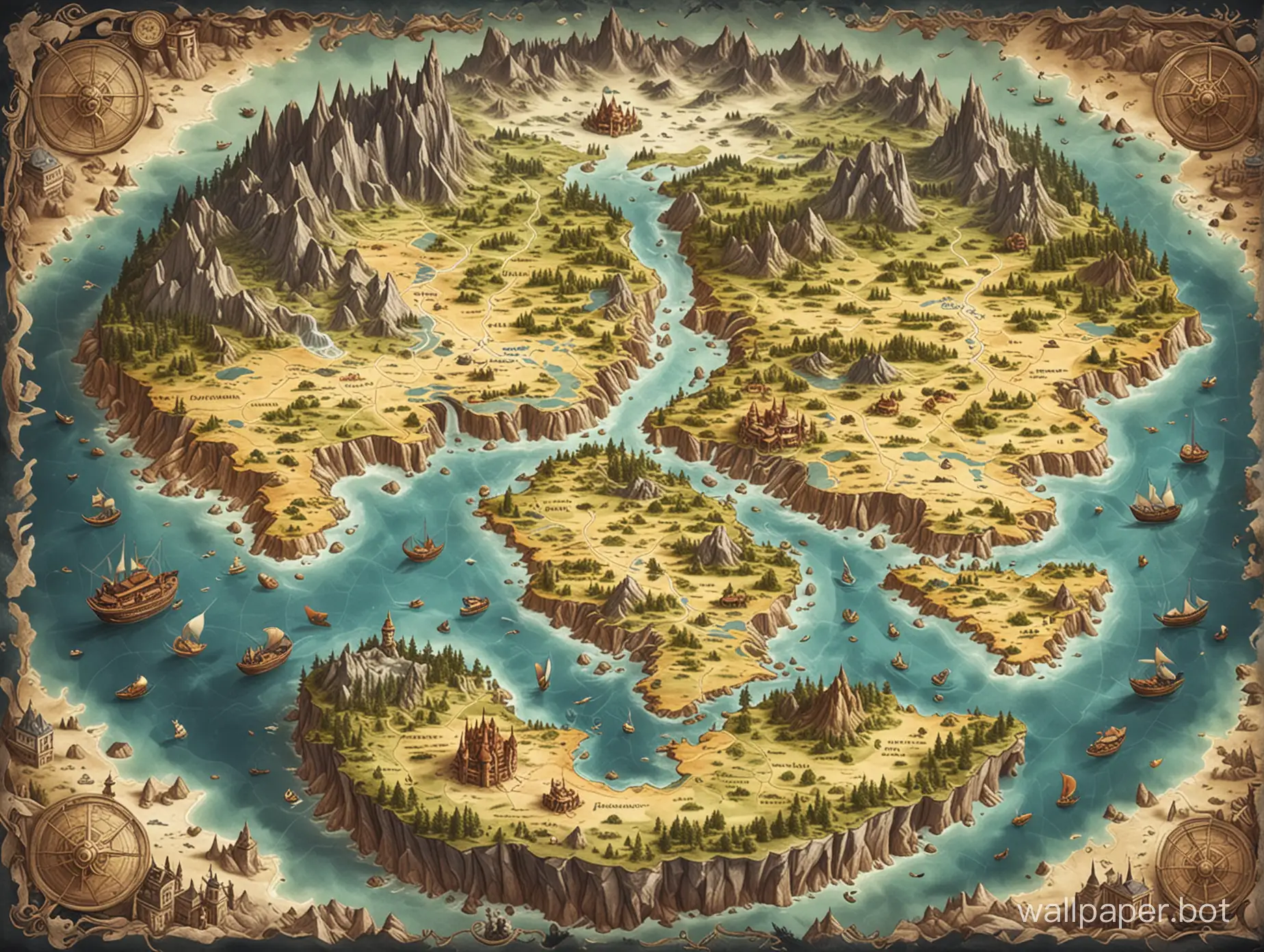 fantasy world map, top view, various landscapes, top view