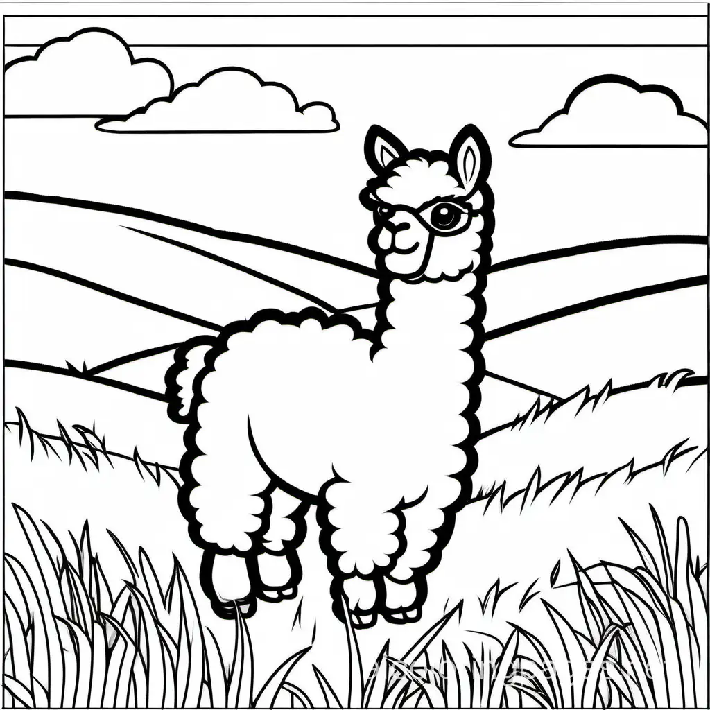 cute alpaca in a grassy field outline, Coloring Page, black and white, line art, white background, Simplicity, Ample White Space. The background of the coloring page is plain white to make it easy for young children to color within the lines. The outlines of all the subjects are easy to distinguish, making it simple for kids to color without too much difficulty