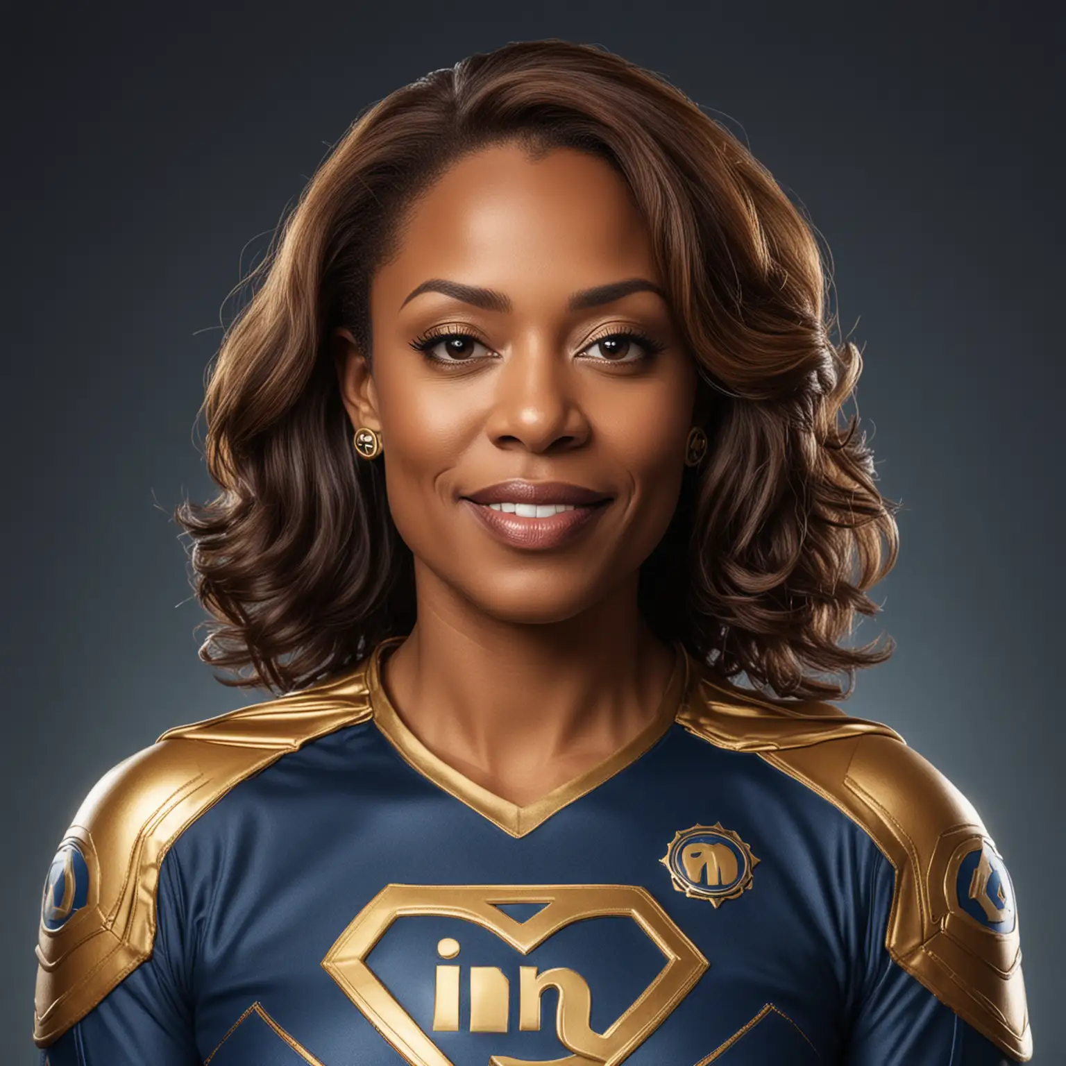 Create a headshot of an light skin African American middle aged woman who is the LinkedIn Outreach Specialist 
 in dark blue and gold superhero clothes cinematic Marvel style with a link symbol on the chest