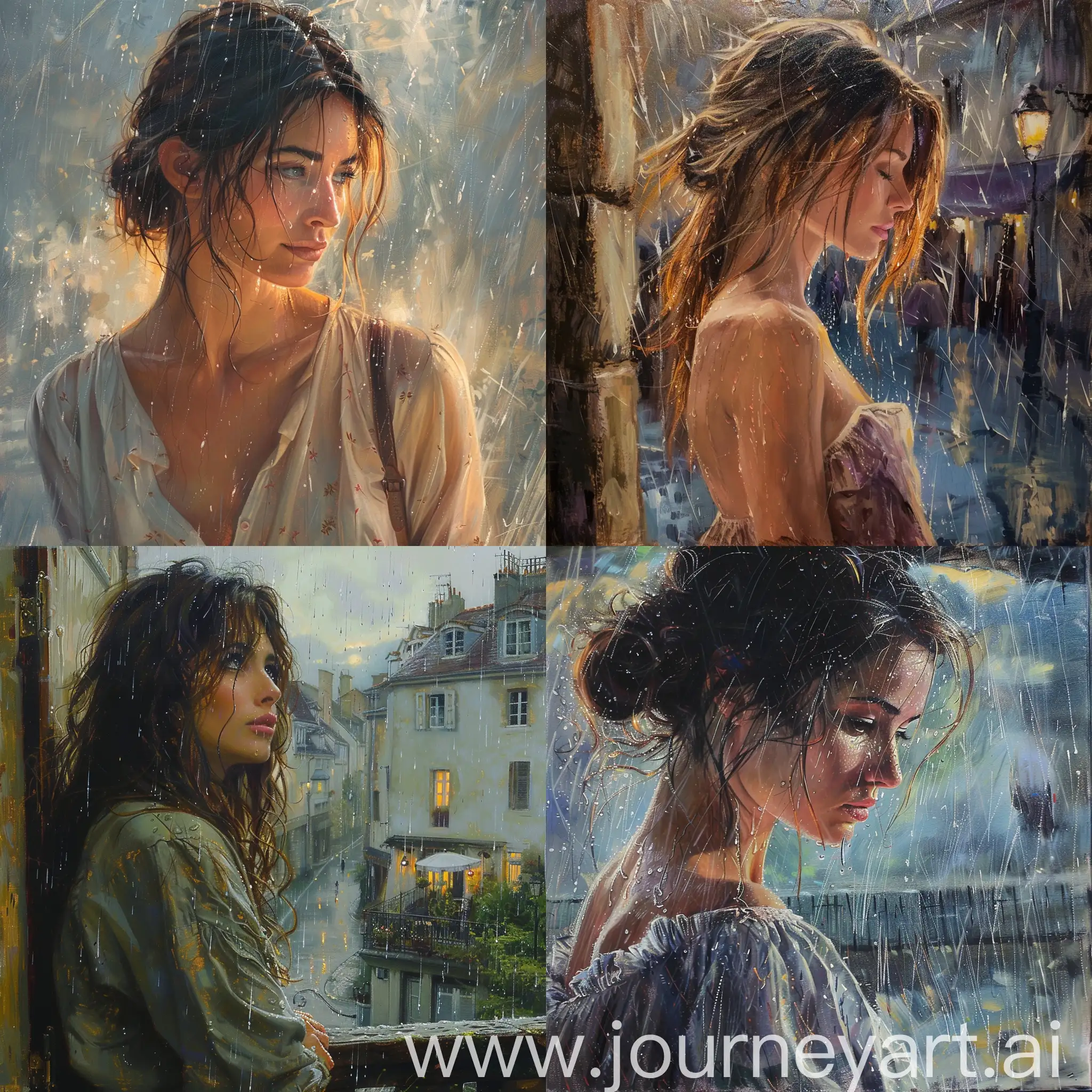 a Normandy girl in the rain, skillfully capturing the essence of the moment. Focus on realistic details, with soft and romantic lighting, The artist is encouraged to evoke both the emotions of the scene and a sense of sensuality