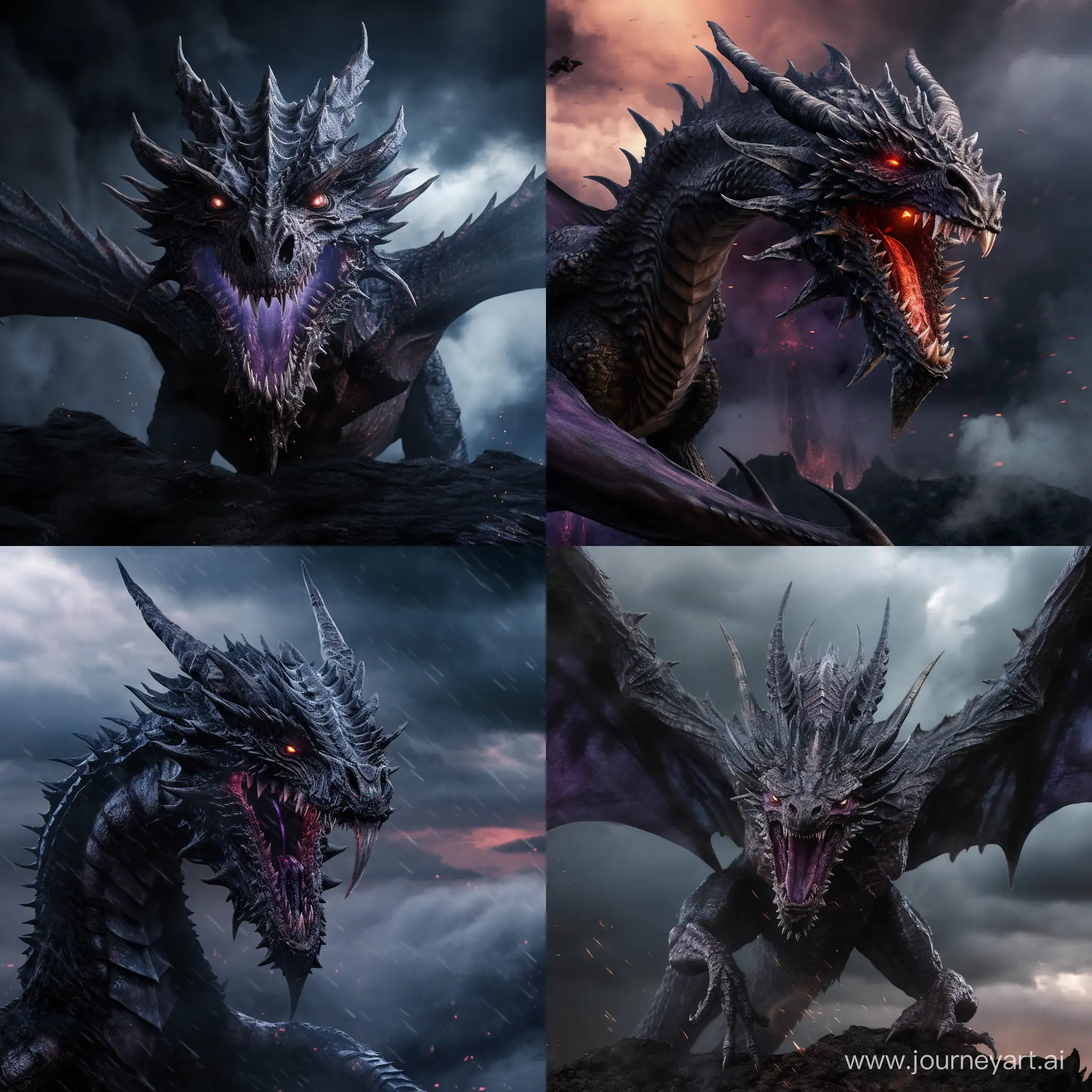 Ultra realistic,a black dragon,bigger than mointains,standing and roaring,a purple fire breath from his mouth,a purple eye pupils,big spread wings,sharp claws,horns,dark clouds and raining,a purple thunder strike,shot on sony alpha 1