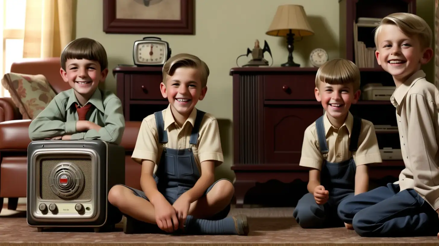 Two smiling boys and one smiling girl are sitting in a living room next to an old time vintage radio sitting on the floor.