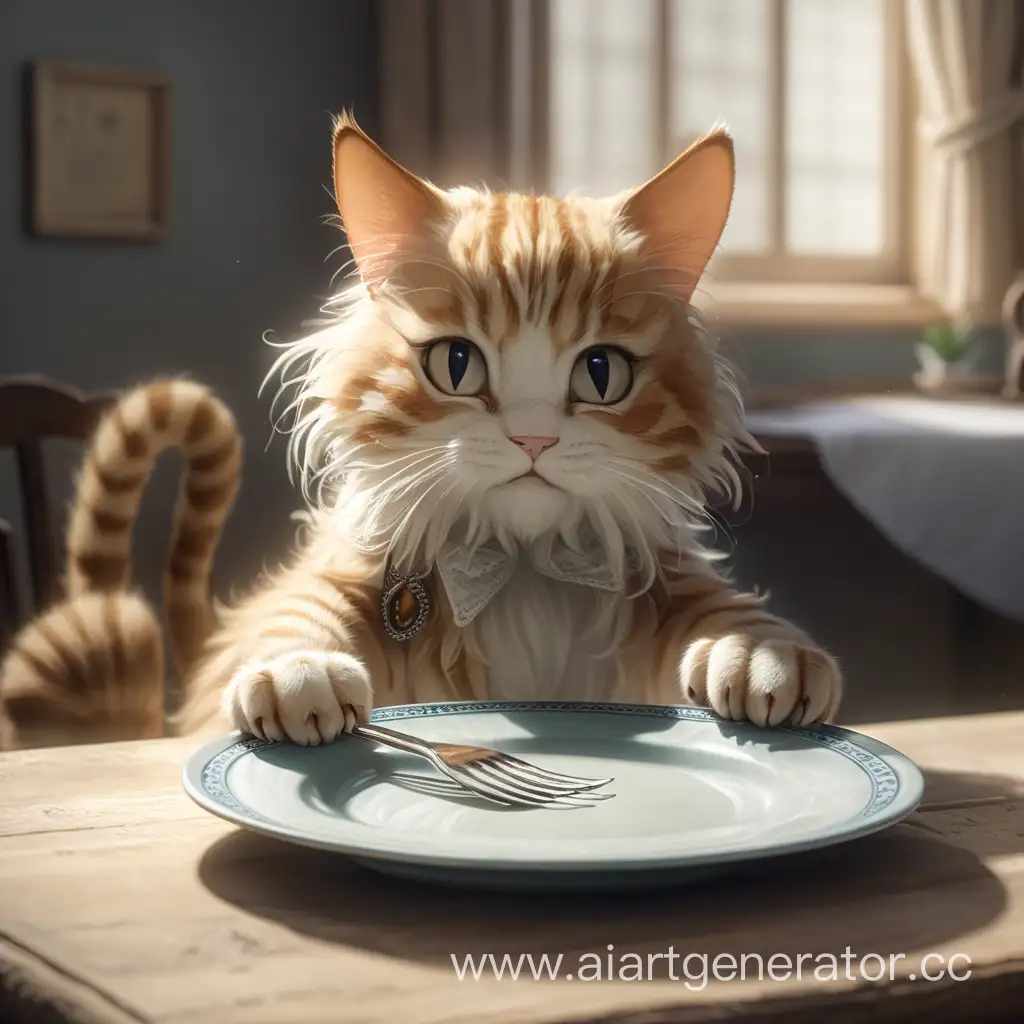 Кот держит  в лапах тарелку