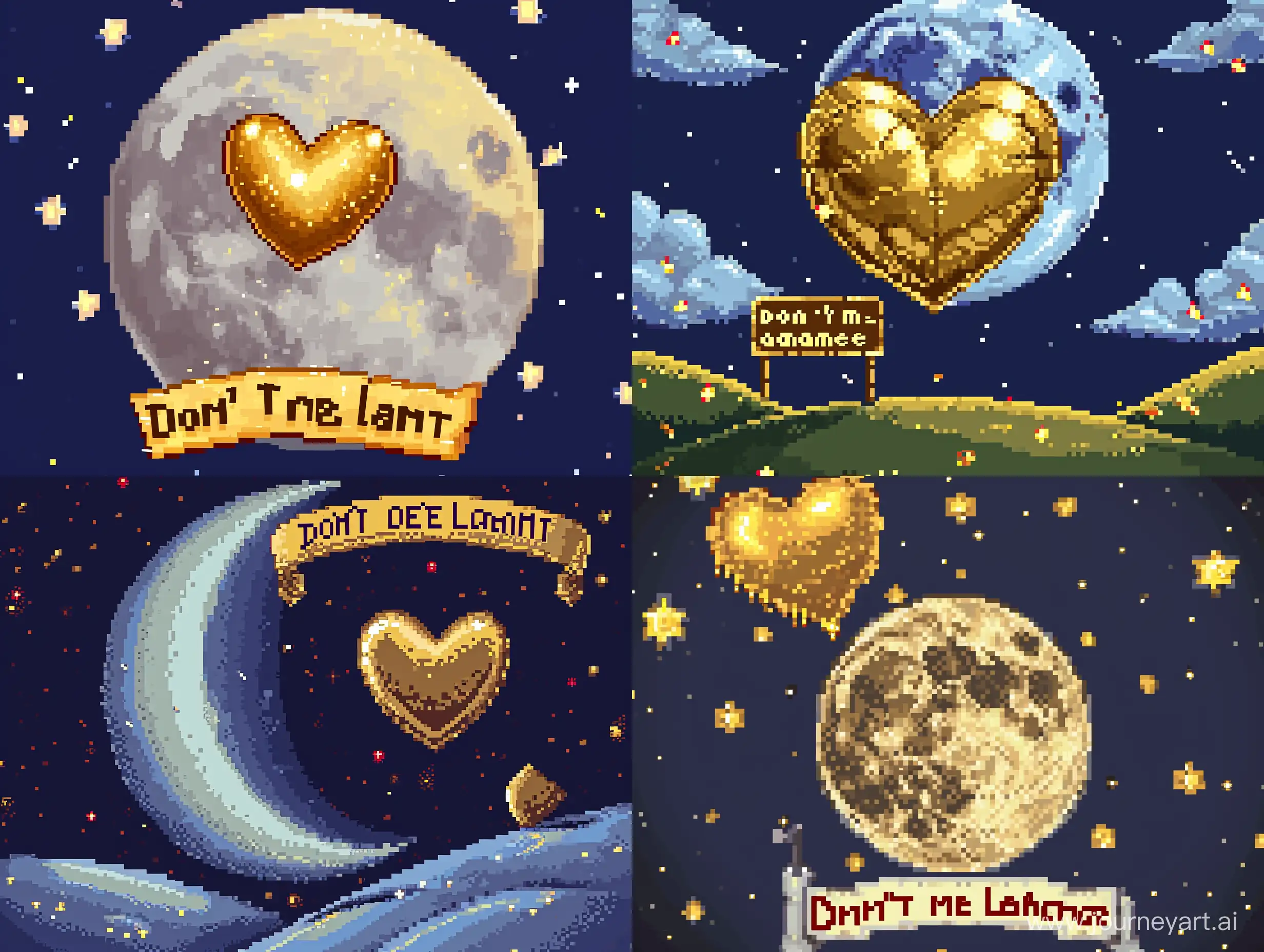 A pixel-art of a golden heart flying over the moon with a caption that reads "Don't leave me alone!"