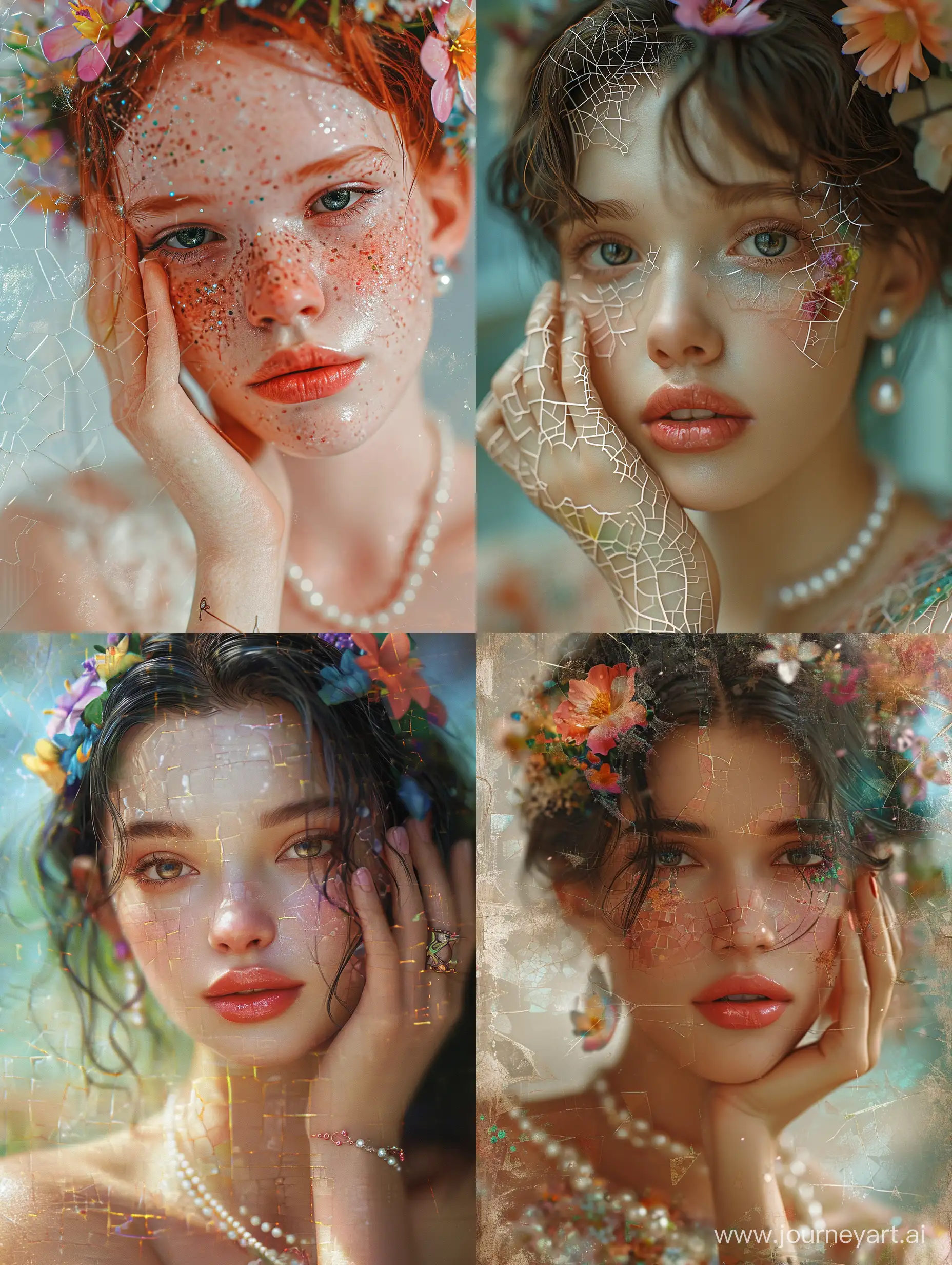 Portrait of a young woman with soft, dark eyes, full lips, and delicate features. Her elegantly styled hair, adorned with colorful flowers, frames her face. The mosaic-like texture creates an impressionistic touch, with a luminous quality to her peach and rose-toned skin. Adorned with classic pearl earrings and necklace, she poses thoughtfully with a hand resting against her cheek, exuding timeless grace against a cool, blurred background.  Negative prompt: Blur, extra fingers, blur face, short hair, bad anatomy, distorted fingers, ugly