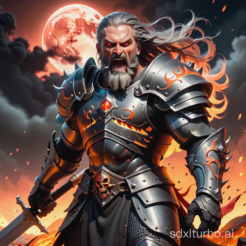 40 year old male knight, flame eyes, grey long hair combed back, grey long beard, shouting, muscular body, perfect body, dirty face, black spiky armor, fighting skeletons, huge sword and shield in hands, facing sideways, Full shot, Full-length portrait, Wide field of view, Centered, feet visible, camera from side, low angle shot, in hell, flames, lava, red moon in sky, red sky, black clouds, ash in the air, Very Very Beautiful, 8k highly detailed, Soft Light, colorful, noise filter, gritty.