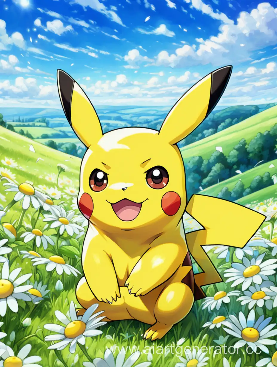 Pokemon Pikachu is sitting with daisies on a green flower hill. beautiful nature. Blue sky with fragments. cute