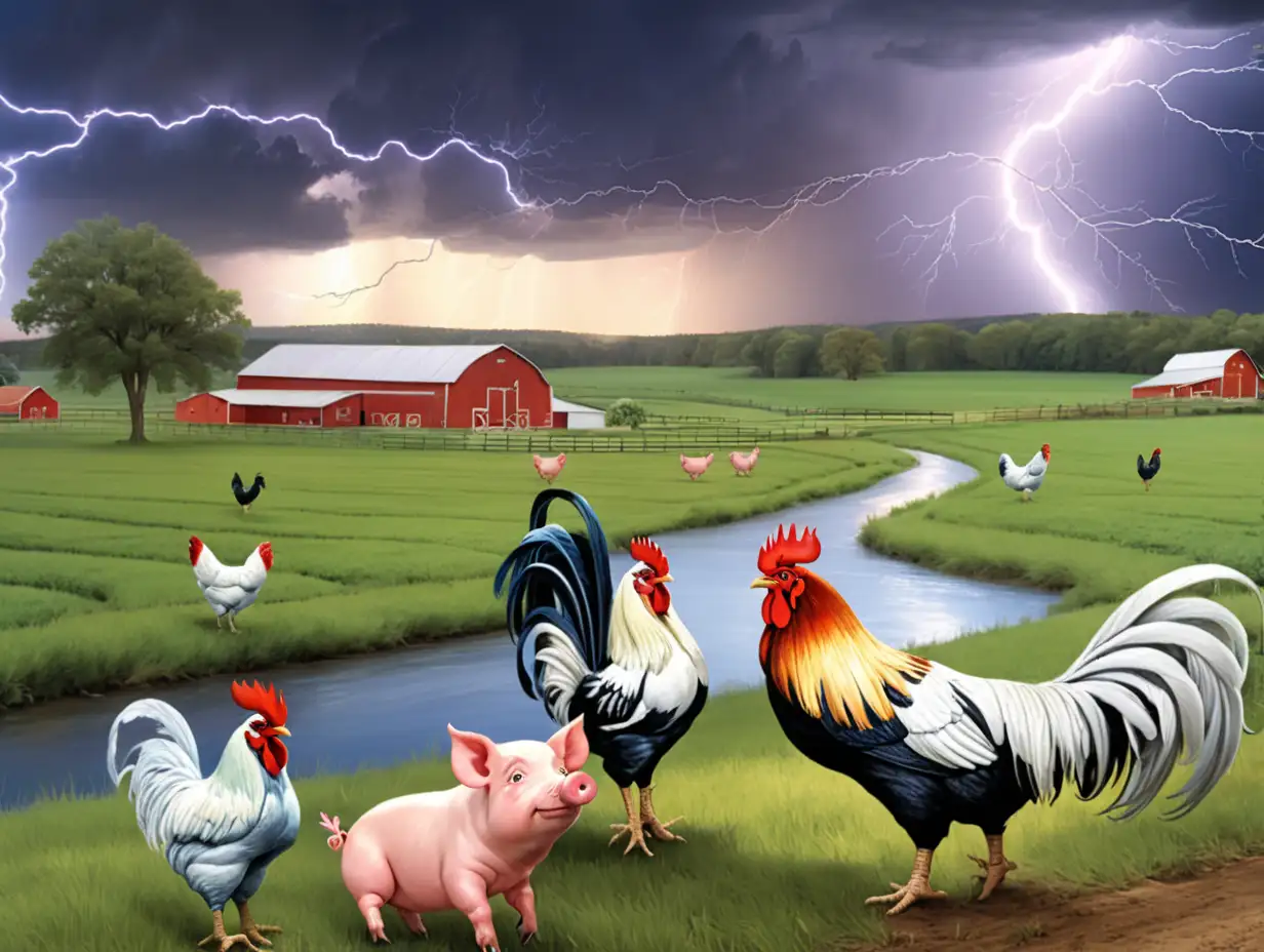 Rural Farm Scene with Roosters River and Dramatic Lightning