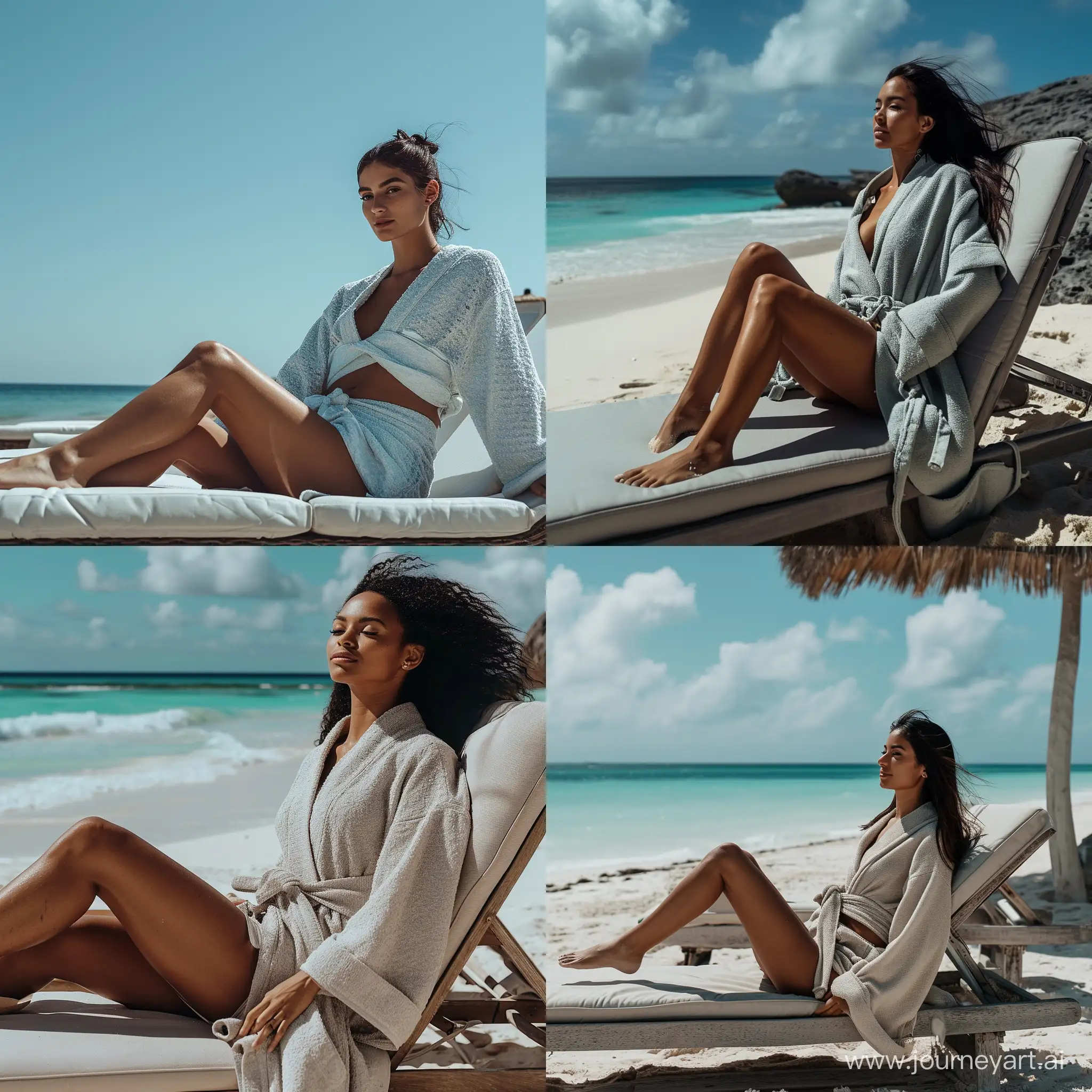 Wanita duduk di sebuah sun lounger, cropped robe, chilling, in beach