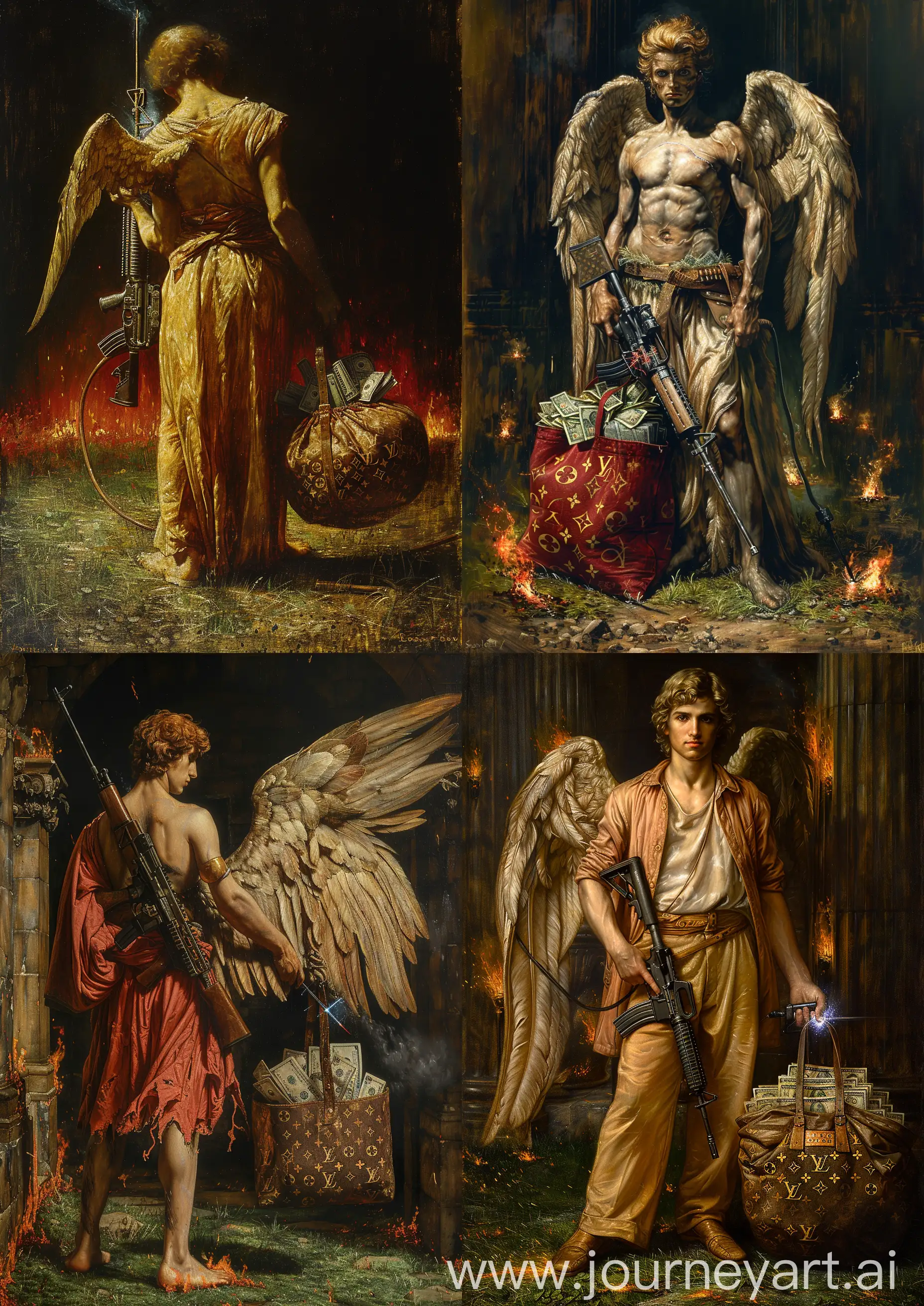 Edward Burne-Jones painting of  a the fallen angel in a dramatic scene, welding an M16 rifle and a Louis Vuitton bag full of money, standing on grass, flames tones, high detailed, full body --c 22 --s 750 --v 6.0 --ar 5:7