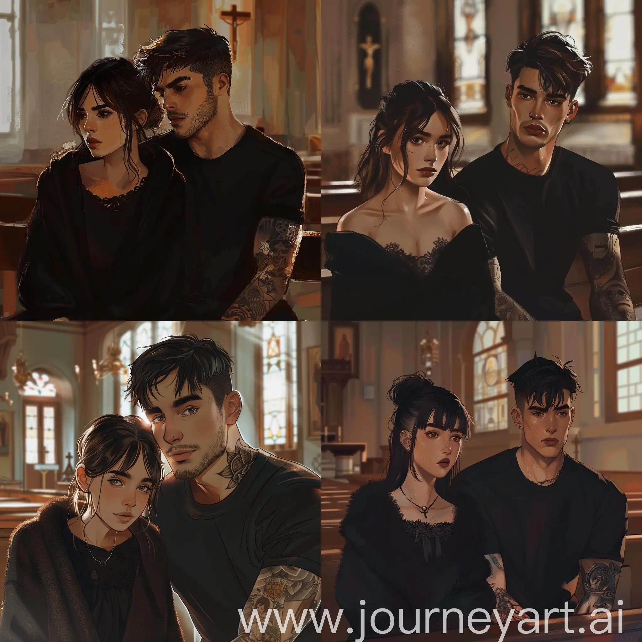 a sweet girl about 18 years old, she has a black warm dress and a guy about 25 years old, he has dark hair and he has very short hair, he wears a black T-shirt and he has tattoos. They are sitting in the church. in the art style