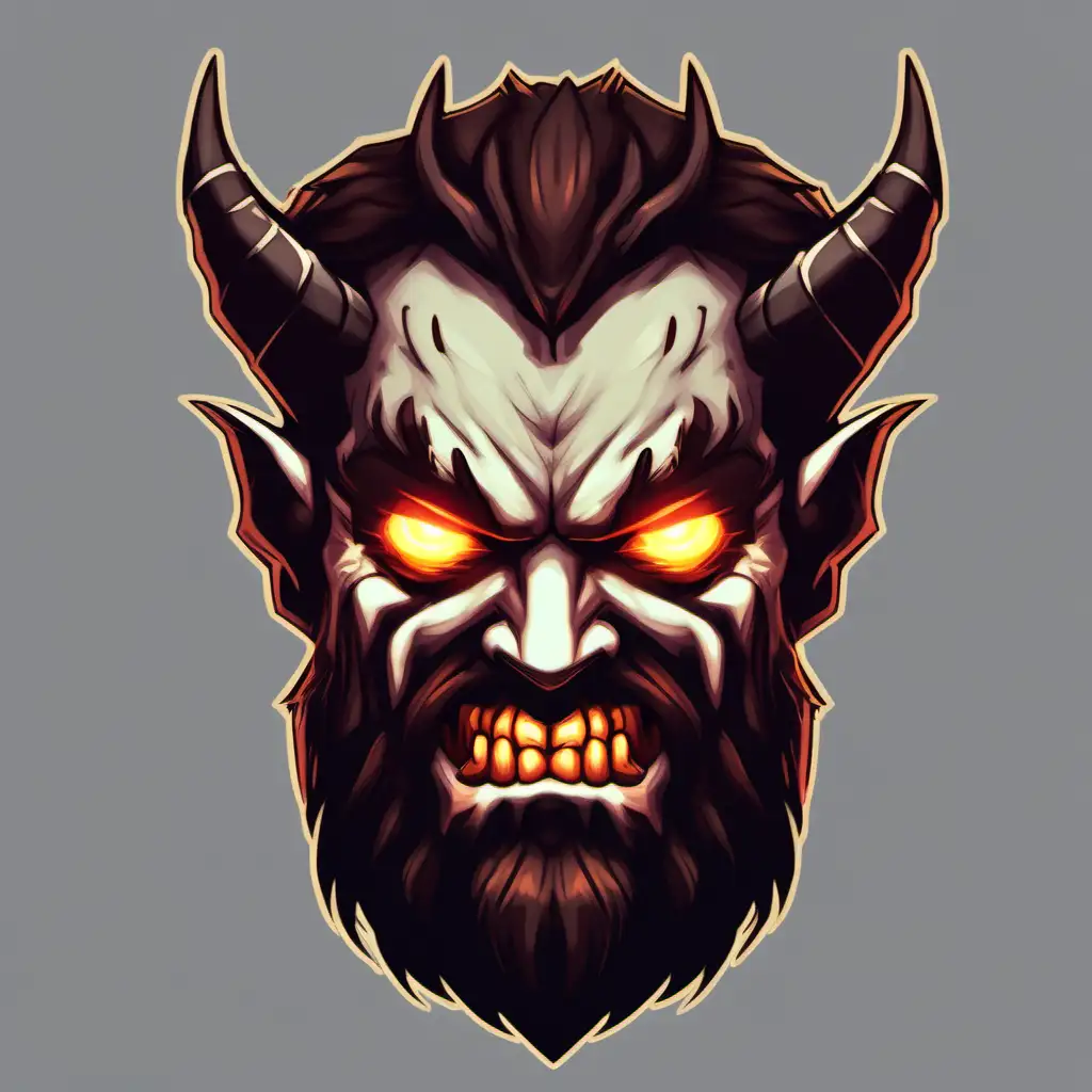 Demon with brown beard and pale skin. Glowing eyes. Emote style.