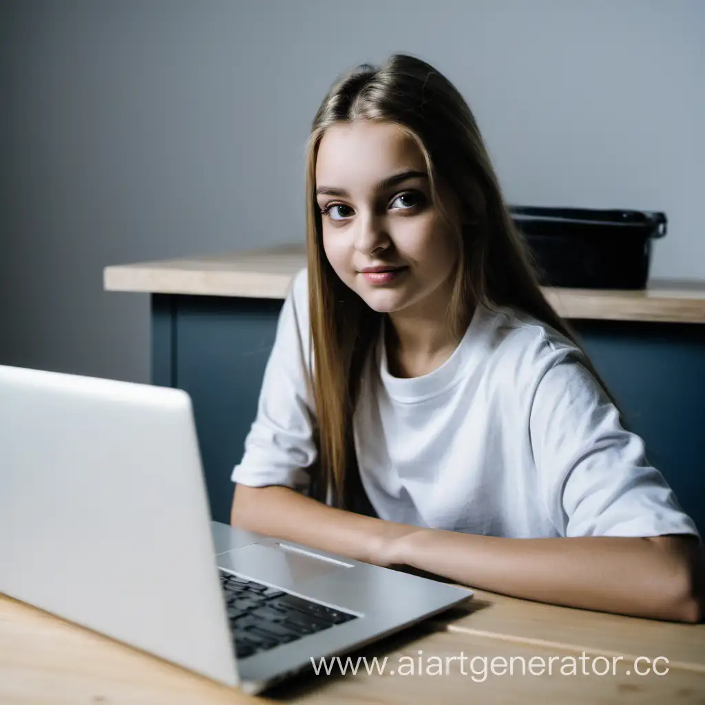 Girl-Sitting-in-Front-of-Laptop-and-Making-Eye-Contact