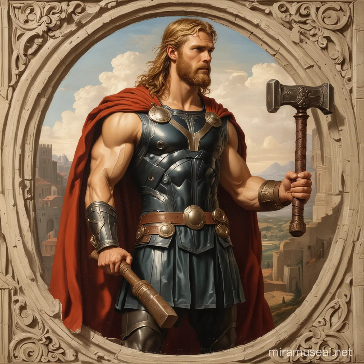 Thor with his hammer painted in italien renaissance style.