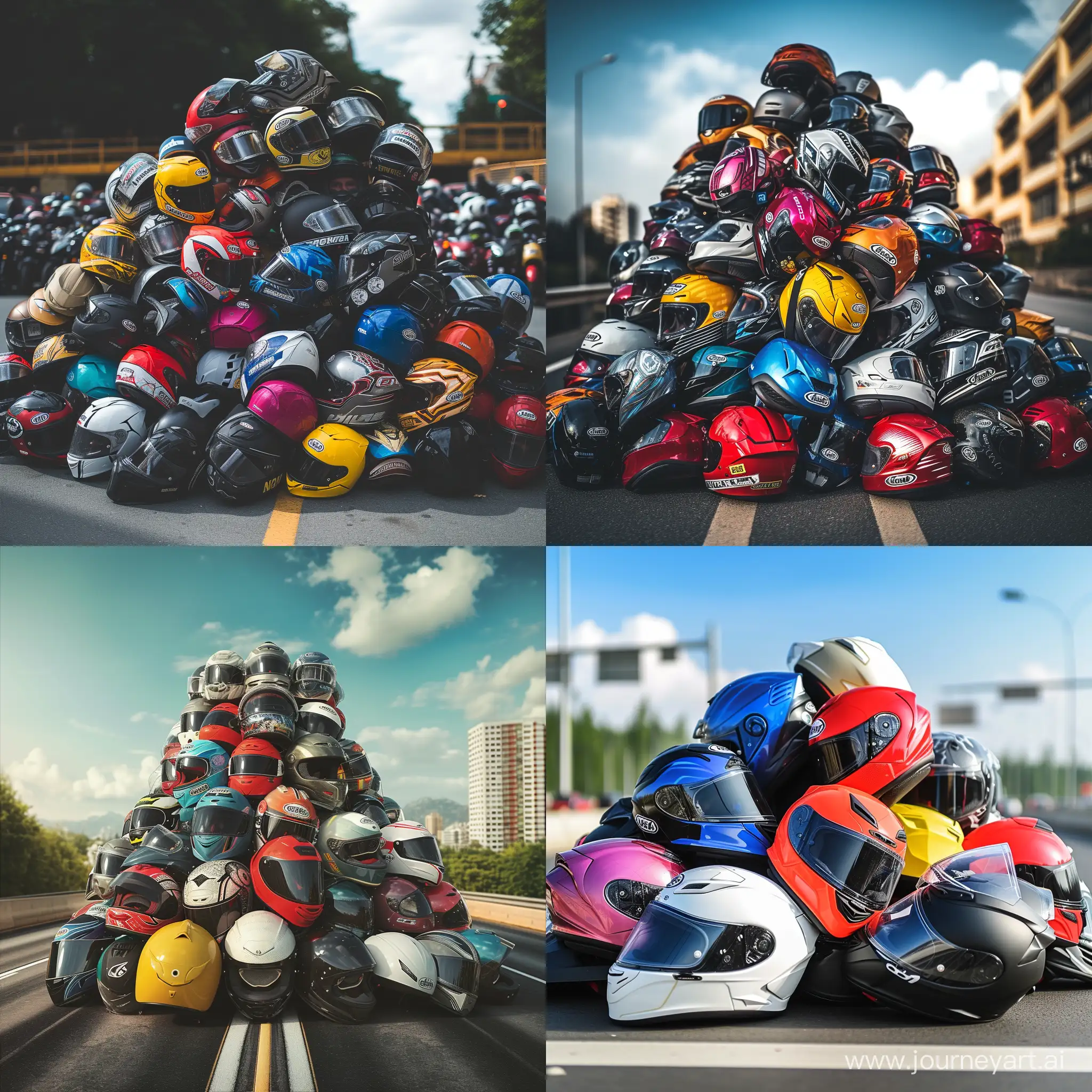 гора мотошлемов, разных расцветок и моделей на фоне городской дороги 