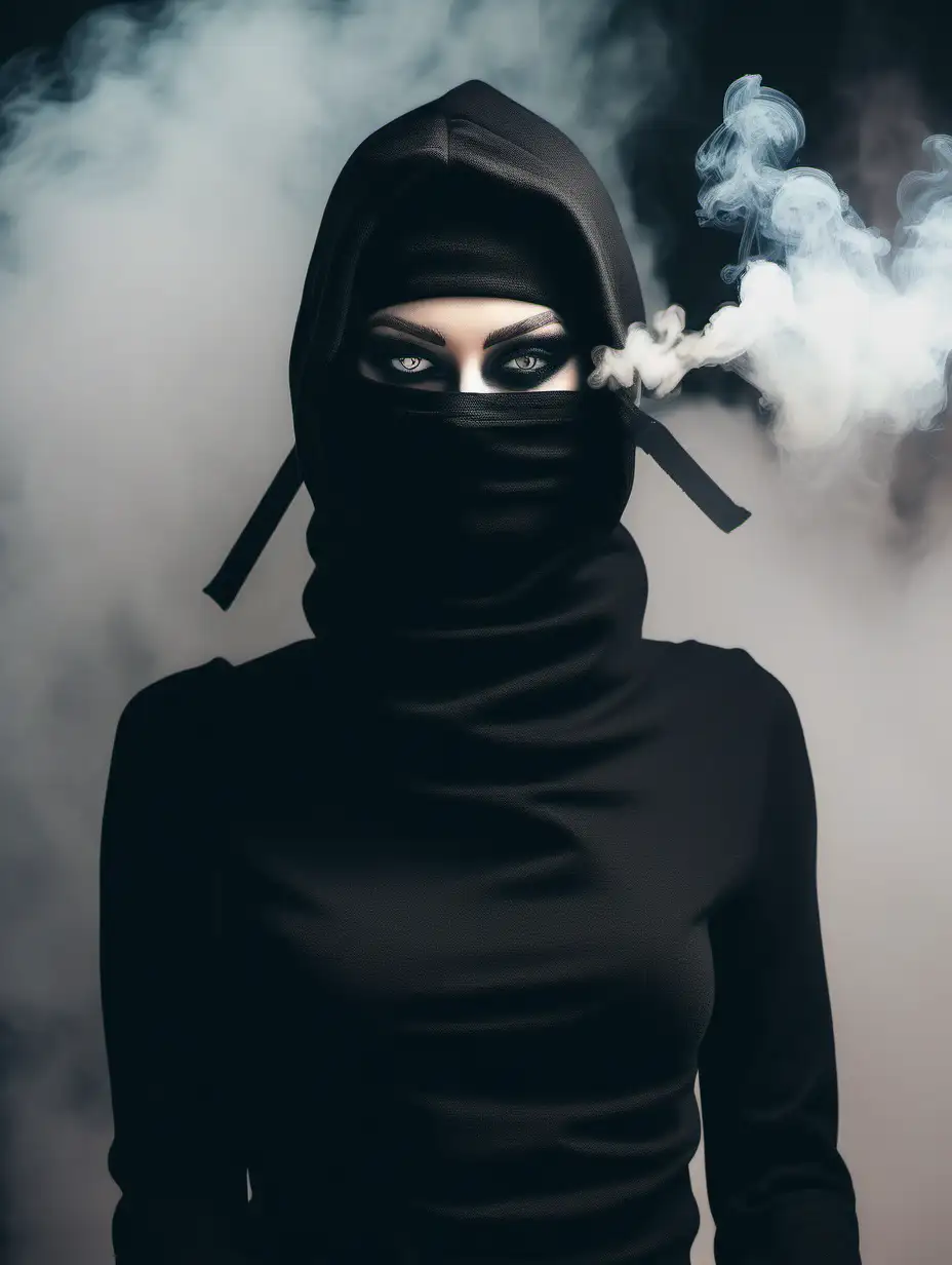 face of a girl in a black balaclava, very long eyelashes hanging over the balaclava, heavy make-up, 
smoke comes out of his mouth