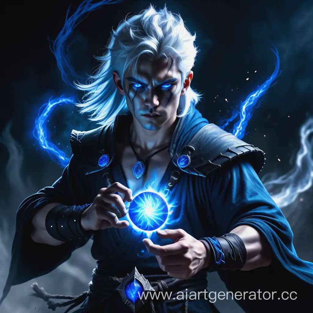 A young warrior in dark clothes, scar on his chest, fighting stance, ash-white hair, casts a spell, bright blue aura, dark fantasy, amulet with a blue stone