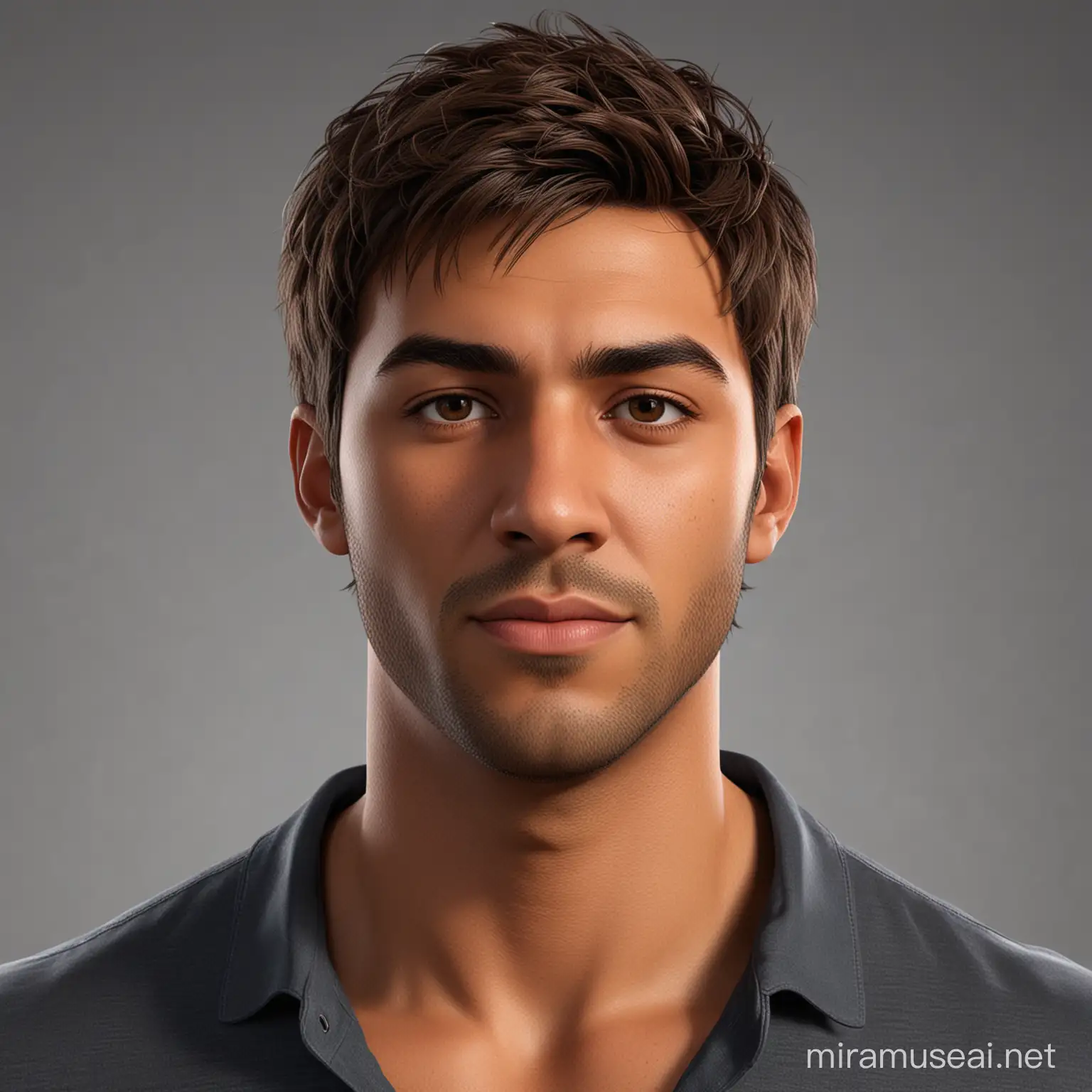 A 3d realistic character, brown man Medium Hair 