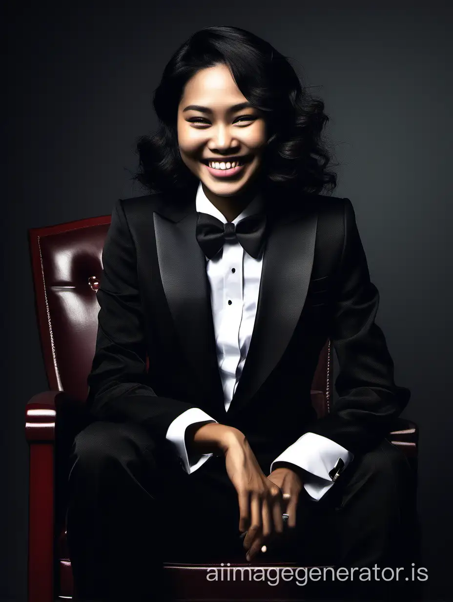 A smiling and laughing dark skinned thai woman with shoulder length hair is wearing a tuxedo.  She is sitting in a plush chair in a darkened room.  Her jacket is black.  Her jacket is open.  Her pants are black.  Her bowtie is black.  Her shirt is white with black cufflinks.