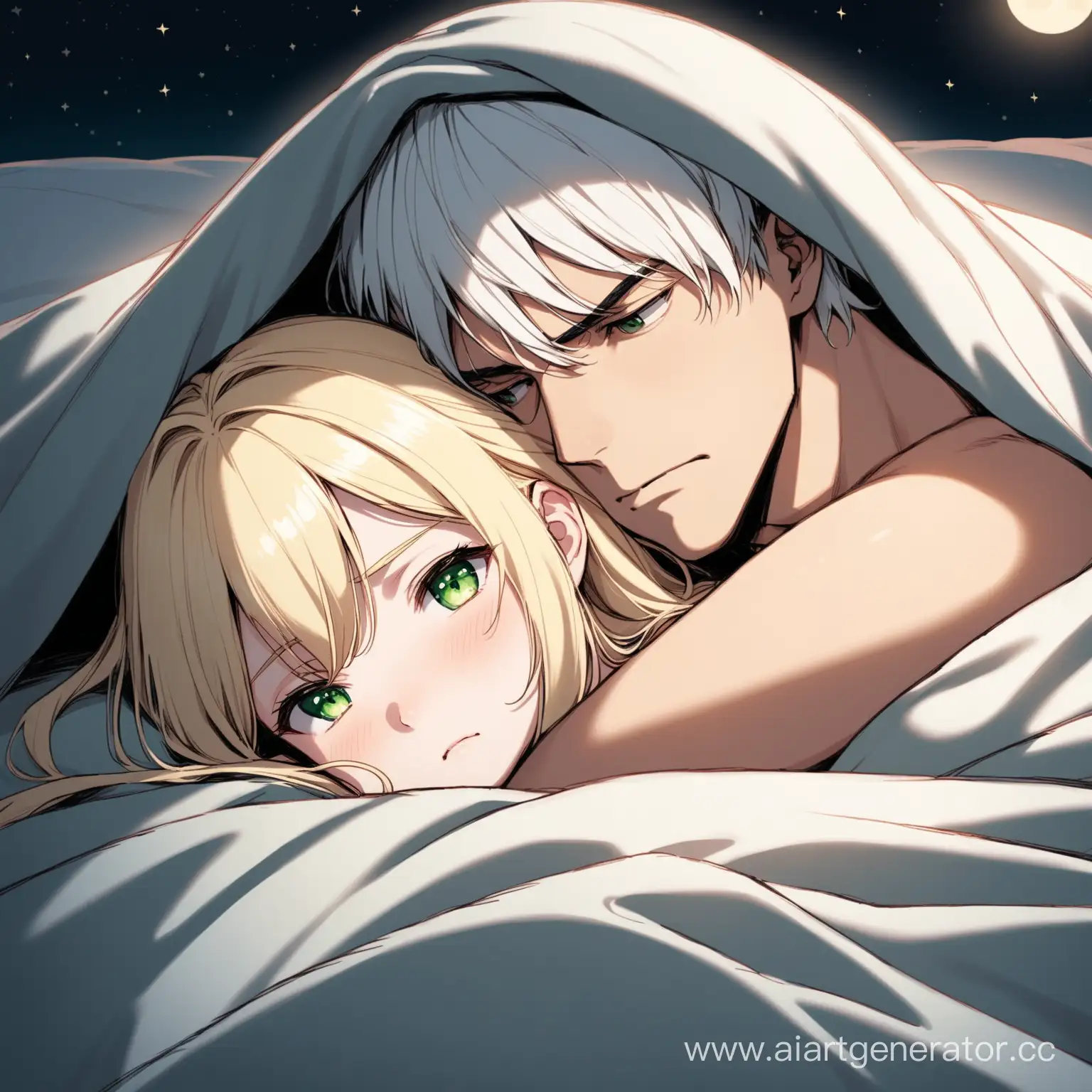 two people are lying on the bed in an embrace, a tall guy, he has short white hair, black eyes, pale light skin, he is unhappy, a girl, she has long blond hair, green eyes, she looks embarrassed, they are hugging and they are lying under the blanket, night