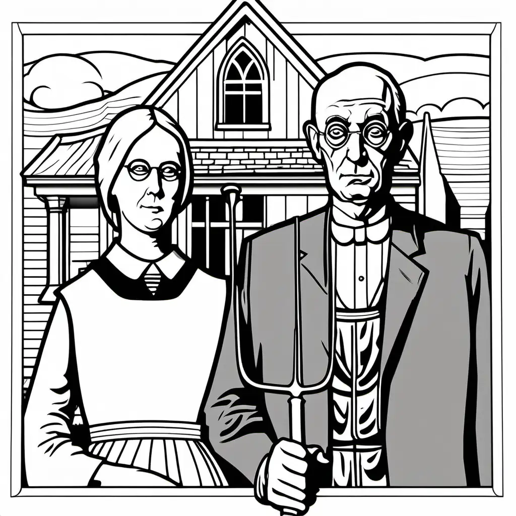 American Gothic Coloring Book Rural Couple in White Interior