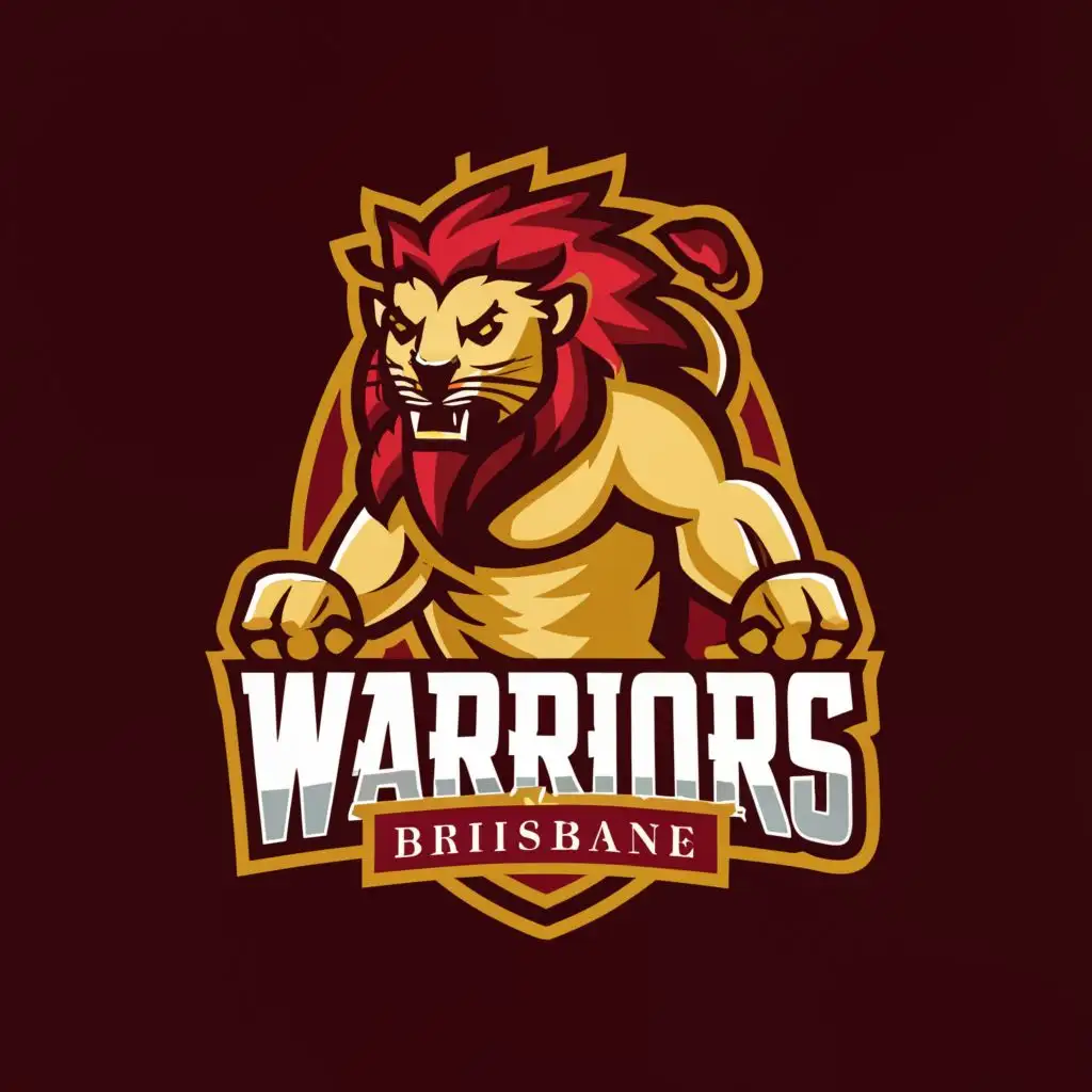 a logo design,with the text "WARRIORS BRISBANE", main symbol:The logo features a strong and determined lion holding a thick rope in both hands, ready for a fierce tug of war battle. The warrior is depicted in dynamic motion, muscles flexed, and eyes focused on victory.  The rope intertwines with the letters 'W' and 'B,' representing the team name 'Warriors Brisbane.' The colors used are bold and powerful, such as deep red, and metallic gold, evoking strength, courage, and determination.

Deep Red: This color represents passion, energy, and determination. It symbolizes the team's fierce competitiveness and drive to win.

Metallic Gold: Gold adds a touch of prestige, excellence, and victory. It can be used for highlights, accents, or small details to enhance the logo's aesthetic appeal and signify the team's aspirations for success. ,Minimalistic,clear background