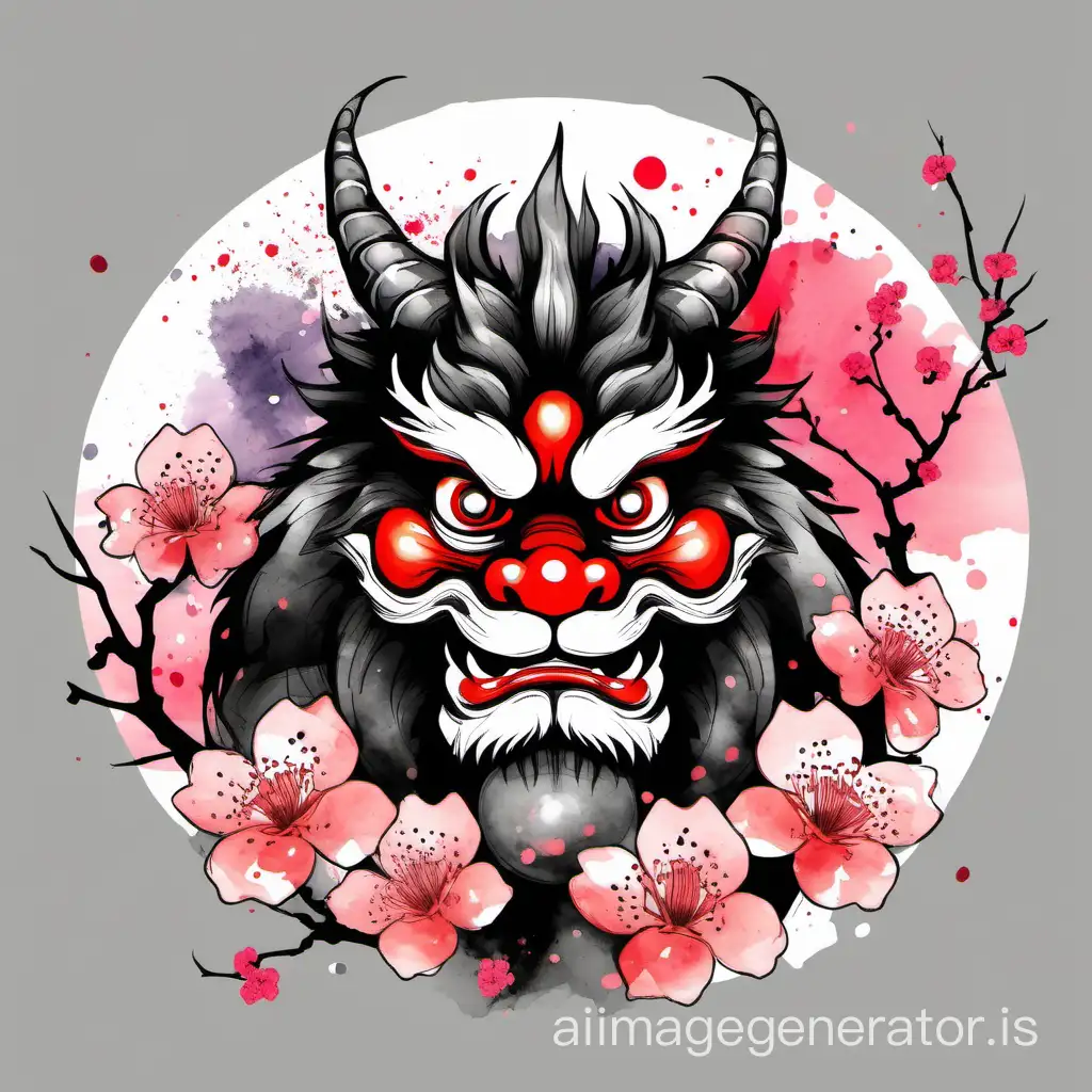 Abstract cartoonish watercolor design of a daruma oriental dragon head with sakura blossom around, sumi-e watercolor style, color splash, multicolor palette, design suitable for tshirt print, and with total black background 