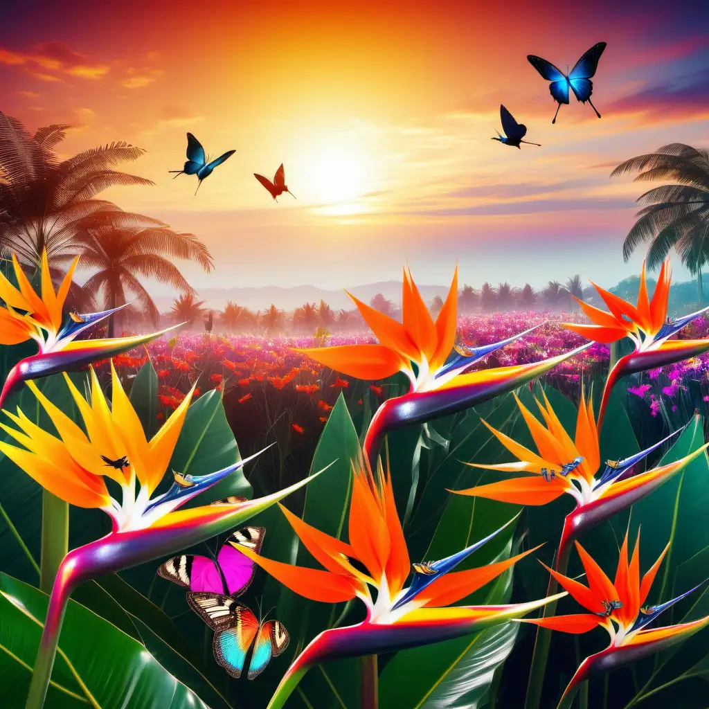 a beautiful lanscape of multicolor birds of paradise flower on a rising sun with flying butterfflies on a warm and shiny summer day