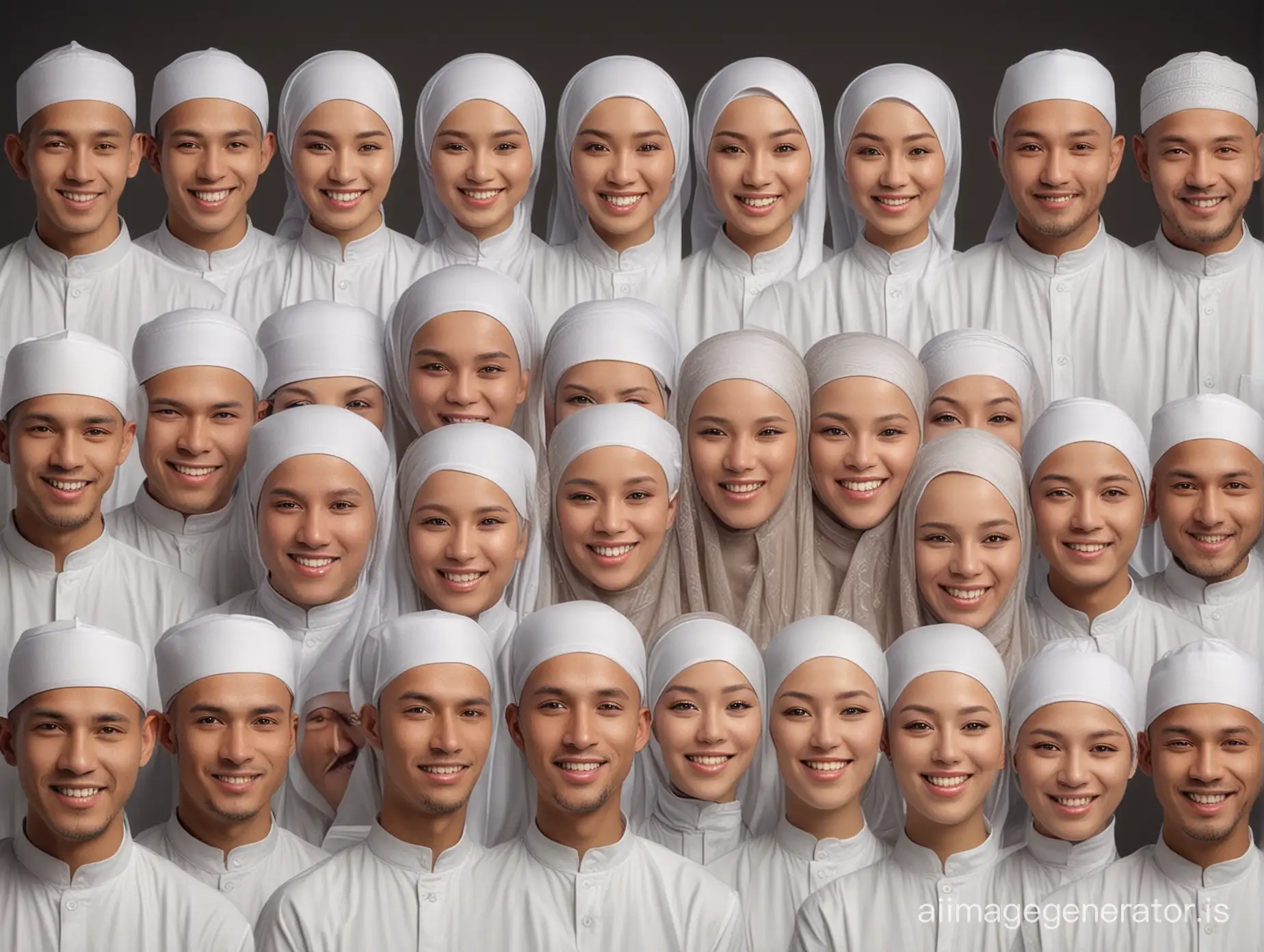 Create realistic photography. Humans numbered dozens of adults, adult men and women. Clean face without hair. Everyone is normal and happy together. Dressed in white (Asian Muslims). Dark colored photo studio background.