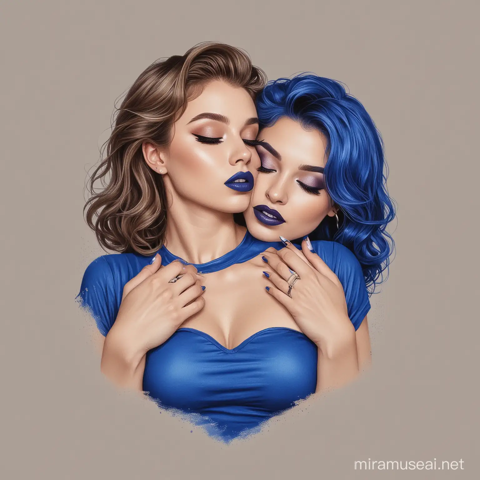 Two Lesbians hug t-shirt blue royal colore and makeup blue royal colore lipstick blue royal and makeup blue royal and back hug realistic 