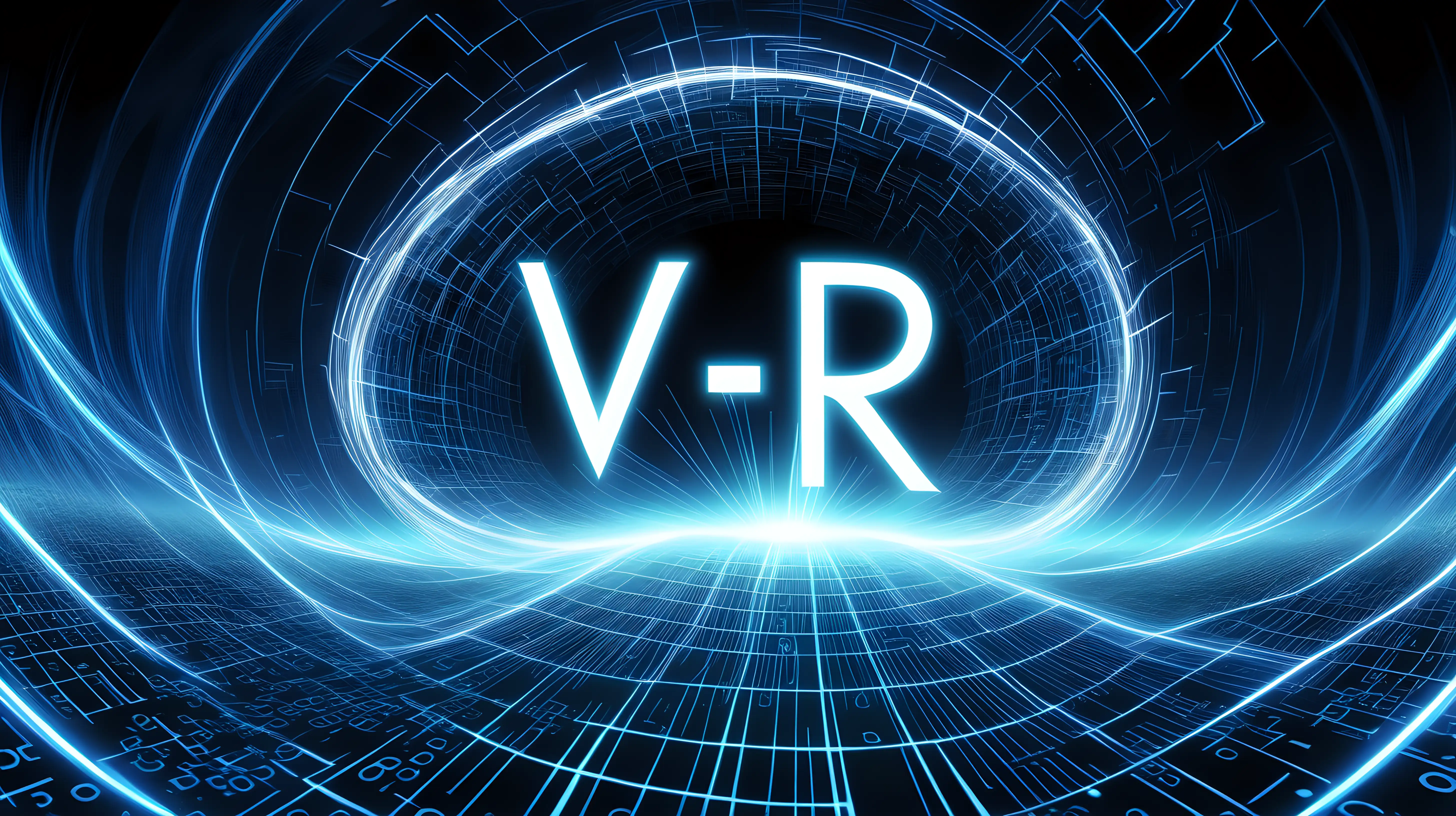 An abstract image featuring "VR" encoded in binary digits, surrounded by swirling data streams and glowing energy fields, symbolizing the digital frontier of virtual reality technology.