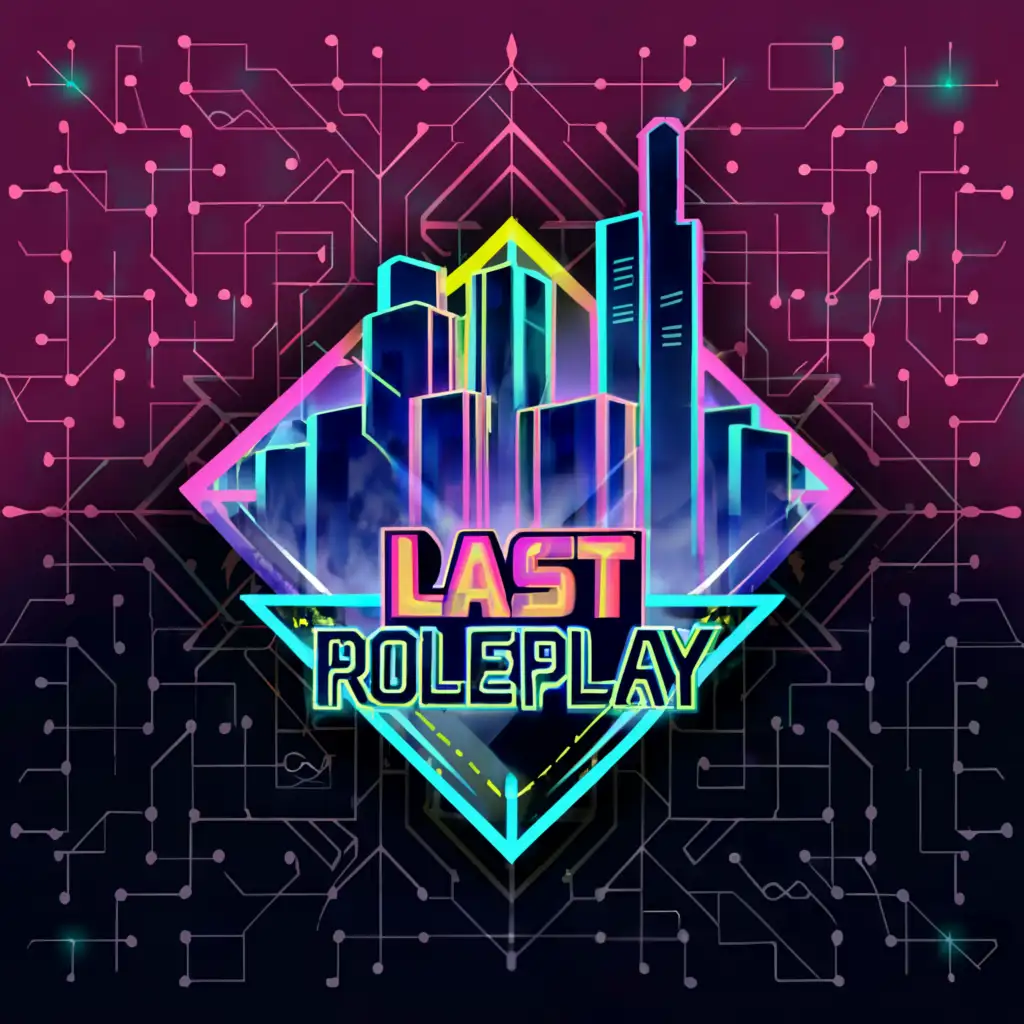 a logo design,with the text "Last RolePlay", main symbol:GTA CITY neon colours,complex,clear background