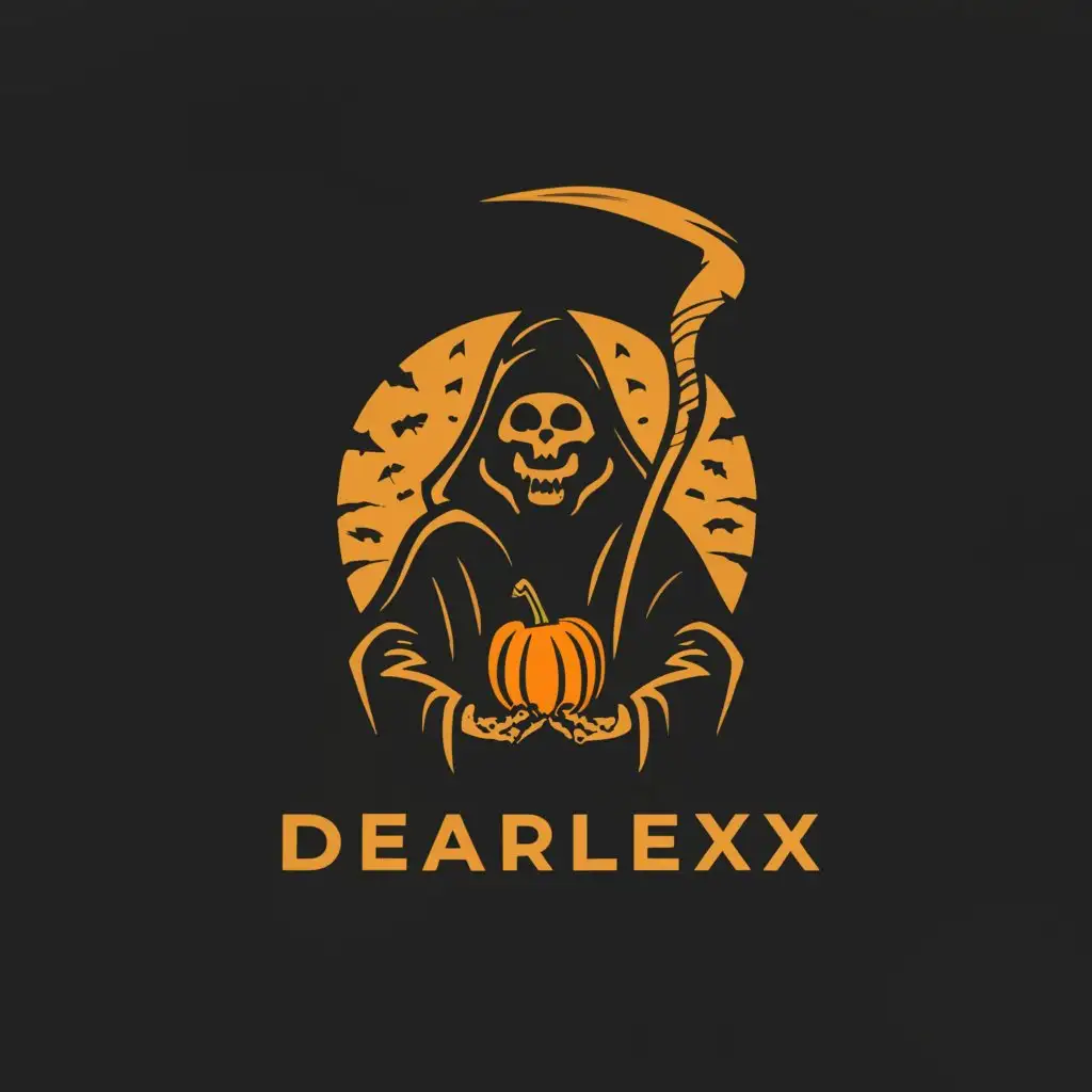 a logo design,with the text "DearLexx", main symbol:circular logo of a grim reaper wearing a gas mask holding a pumpkin,Minimalistic,be used in Entertainment industry,clear background