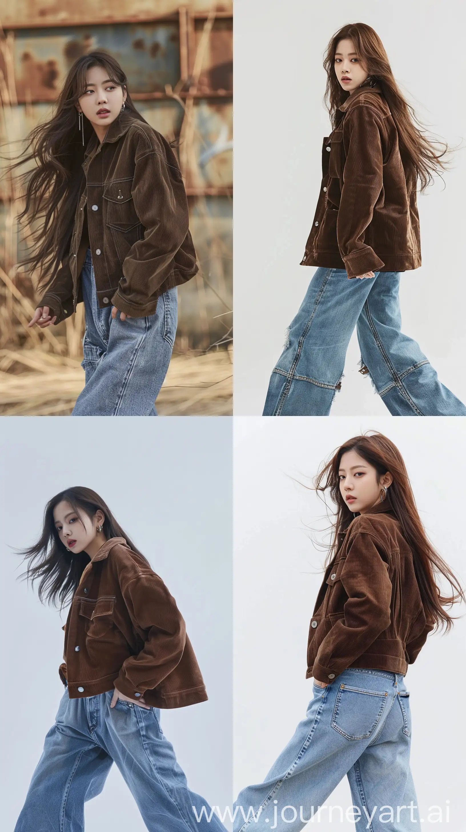 aestethic, blackpink's jennie wearing brown corduroy jacket and oversize jeans pants, medium hair, walking back body, throw face away --ar 9:16