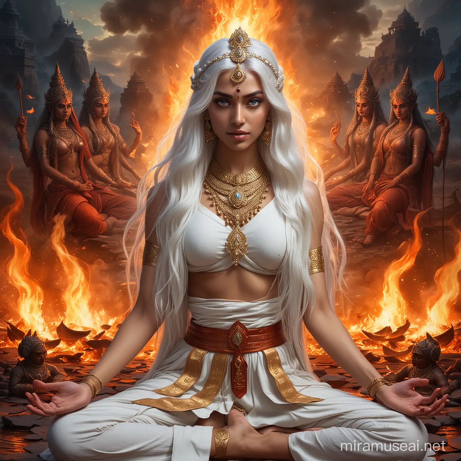 Powerful Hindu Empress in Lotus Pose Amidst Divine Fire and Deities